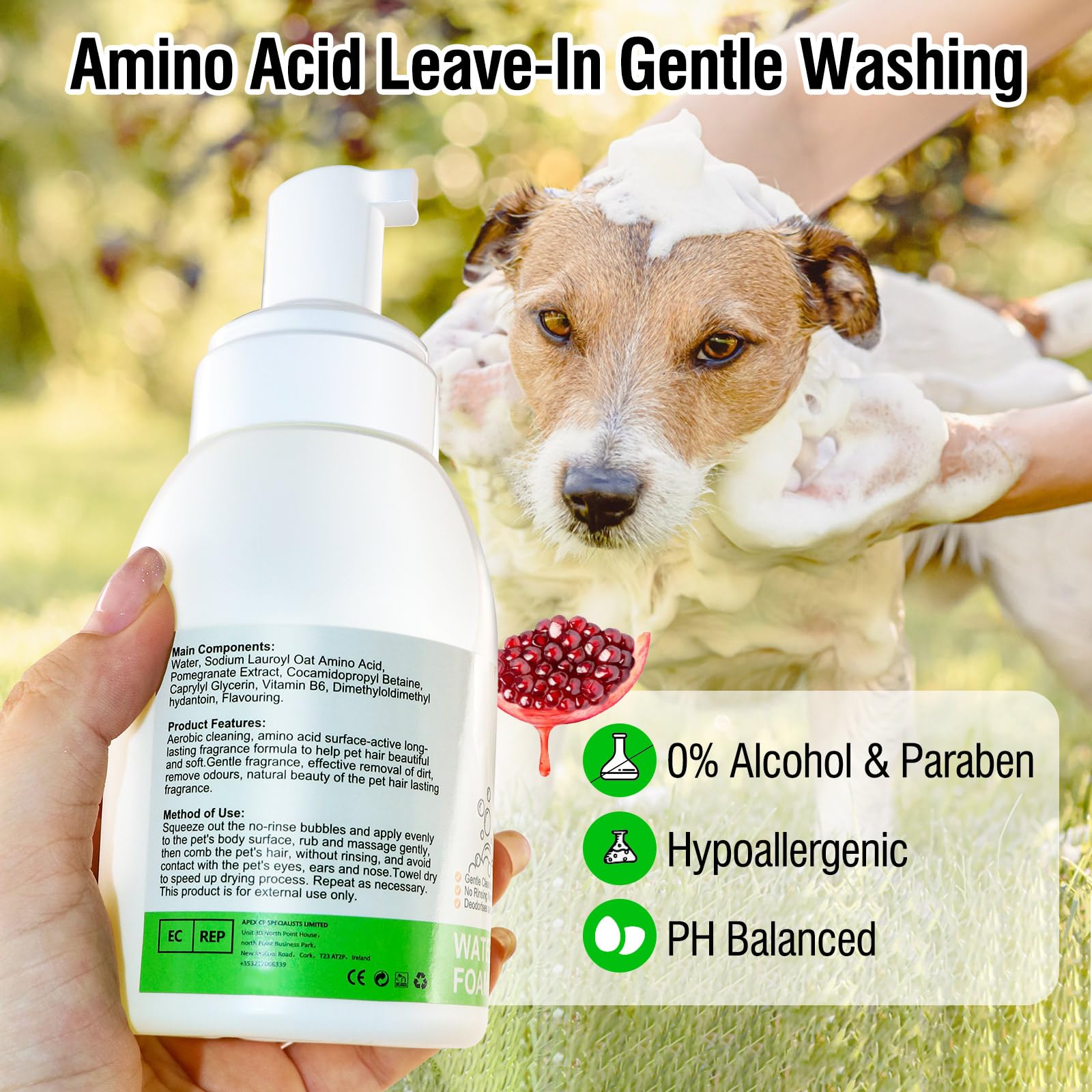?Waterless Dog Shampoo & Conditioner - No Rinse Dry Shampoo Foam for Dogs & Cats, Hypoallergenic Natural Pomegranate Scent, pH Balanced & Paraben Free Pet Cleanser for Smelly Pets, 10.15oz
