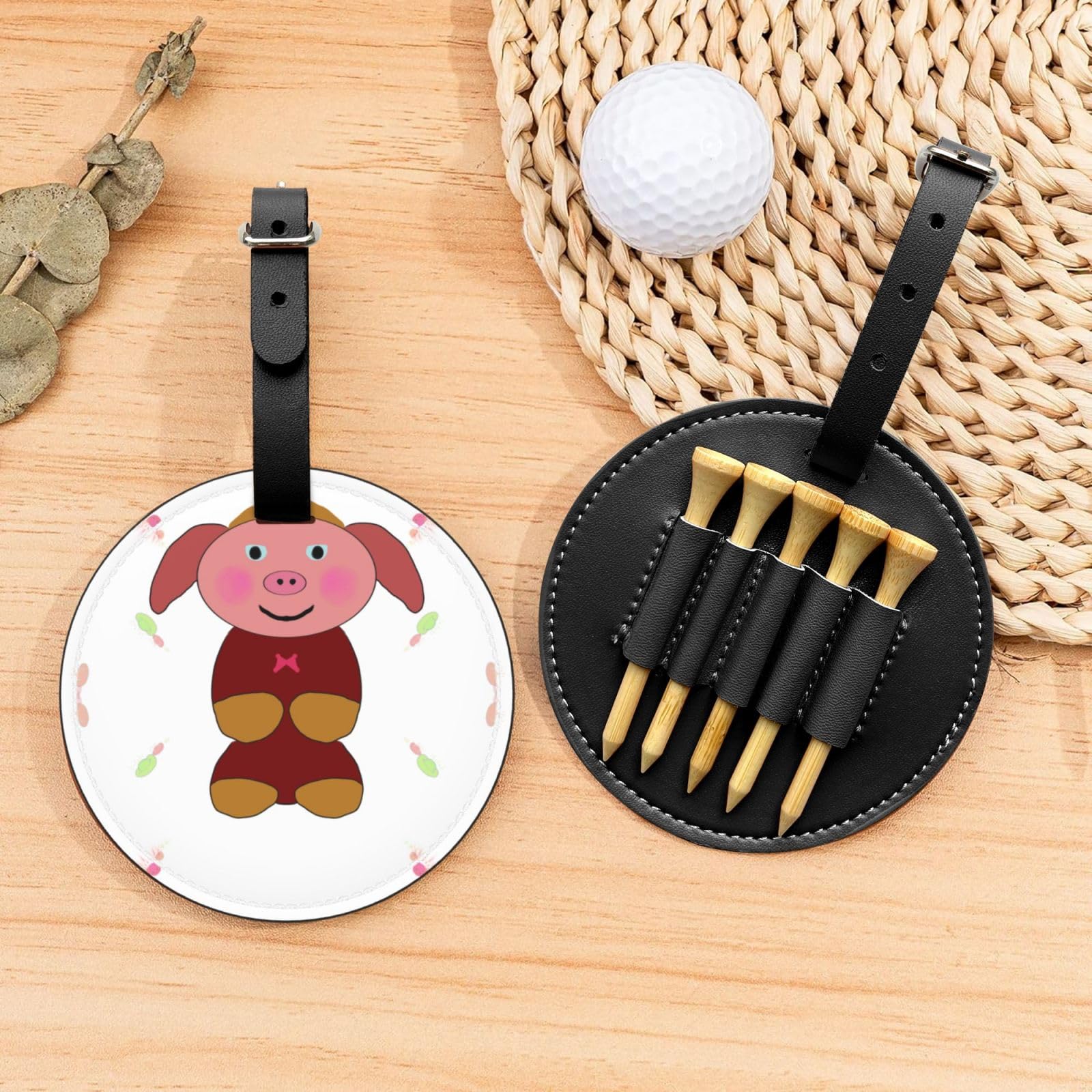 Happy cartoon pig Black Printed golf tee storage bag - portable design, easy to organize tee
