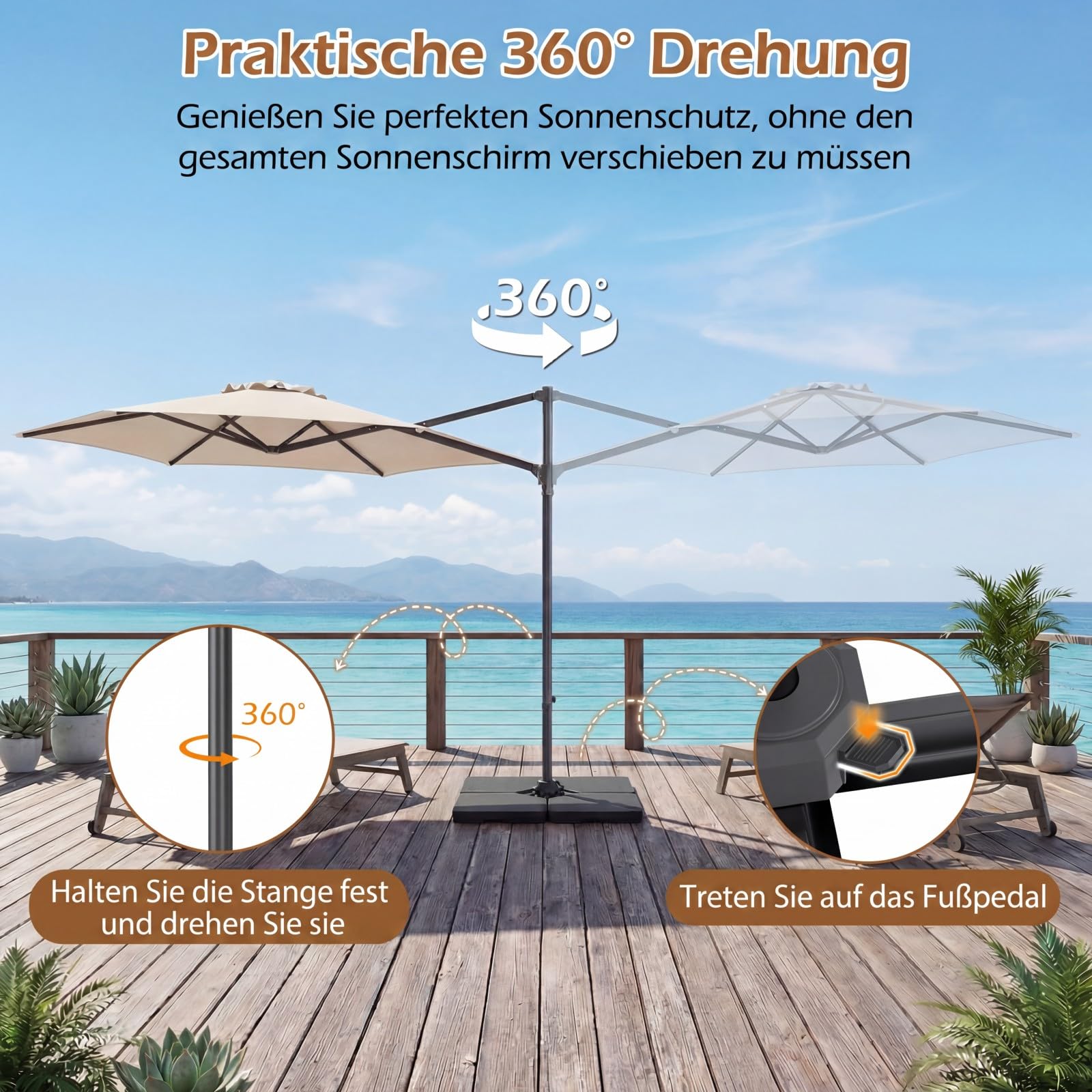 COSTWAY Parasol przeciwsłoneczny, 300 x 300 cm, z korbą, obracany o 360°, bezstopniowo regulowany kąt nachylenia, duży parasol ogrodowy, parasol tarasowy, do ogrodu, na taras