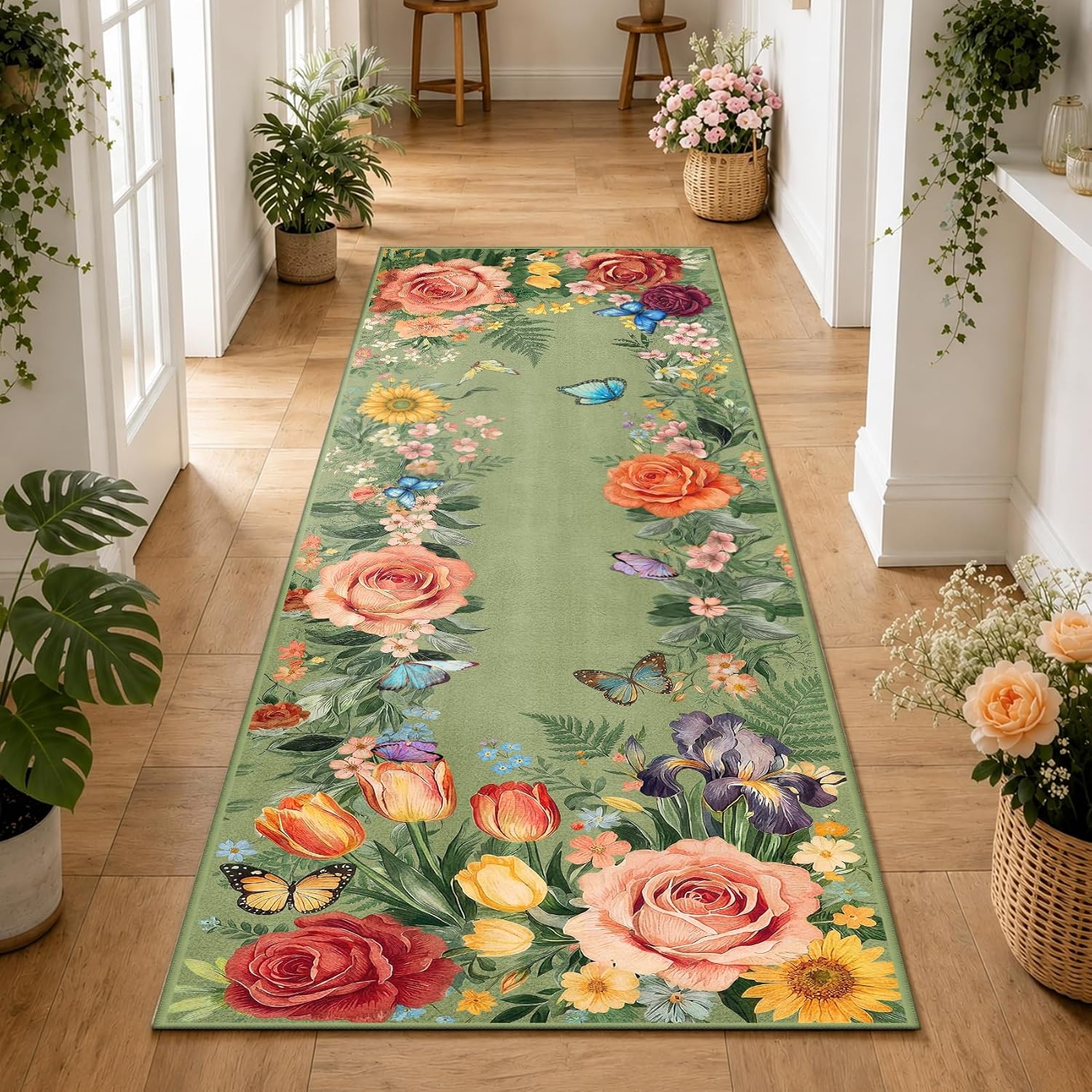 Floral Non Slip Hallway Runner Rug 2x6 Ft Washable Kitchen Mat | Low Pile Soft Long Carpet for Hallway, Kitchen, Entryway, Bathroom, Bedroom And Laundry Indoor Floor With Rubber Back, Green