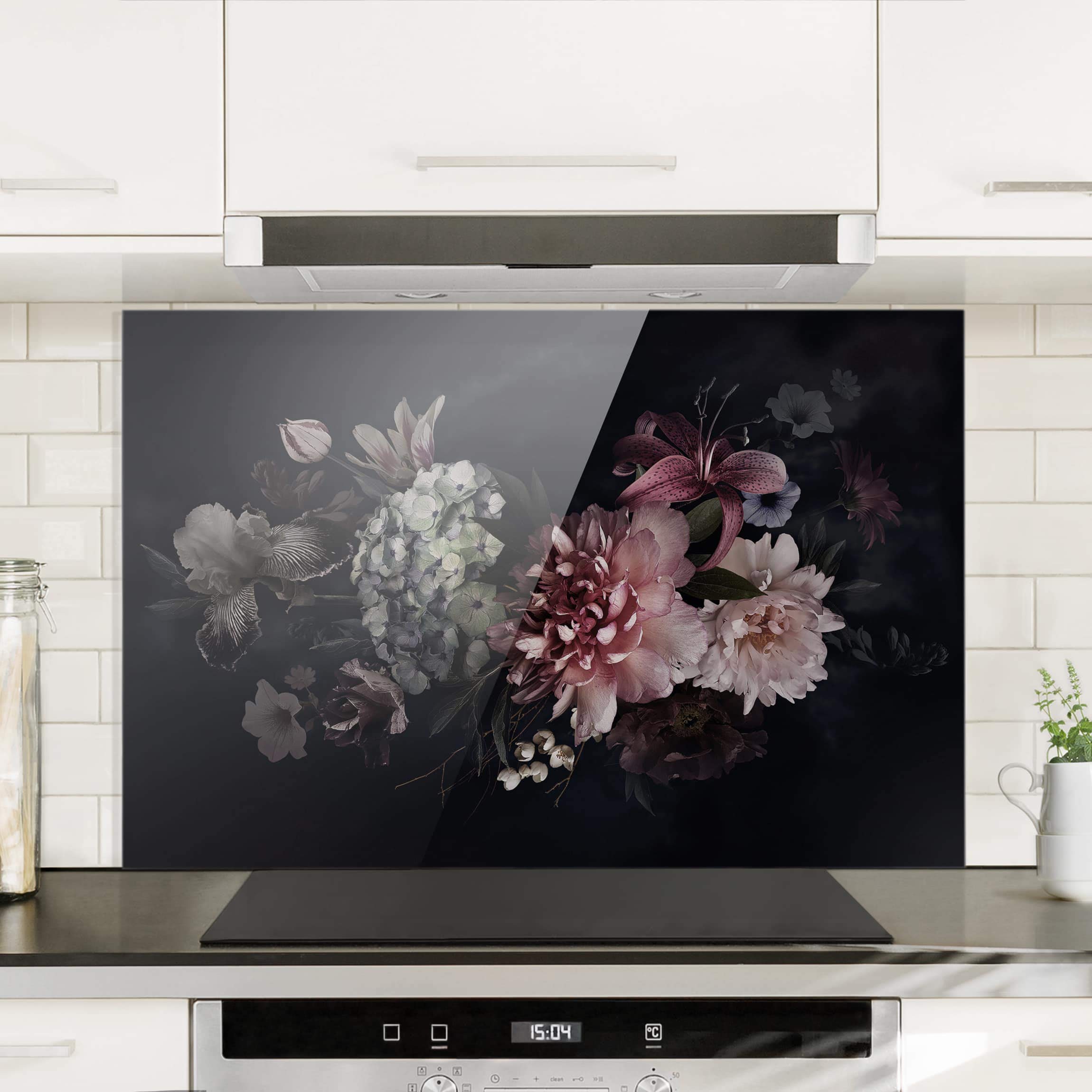 Fond de hotte avec support épaisseur 4mm fleurs crédence cuisine avec motif verre trempé panneau mural noir crédence en verre style vintage cuisine 5179 (90x59cm)