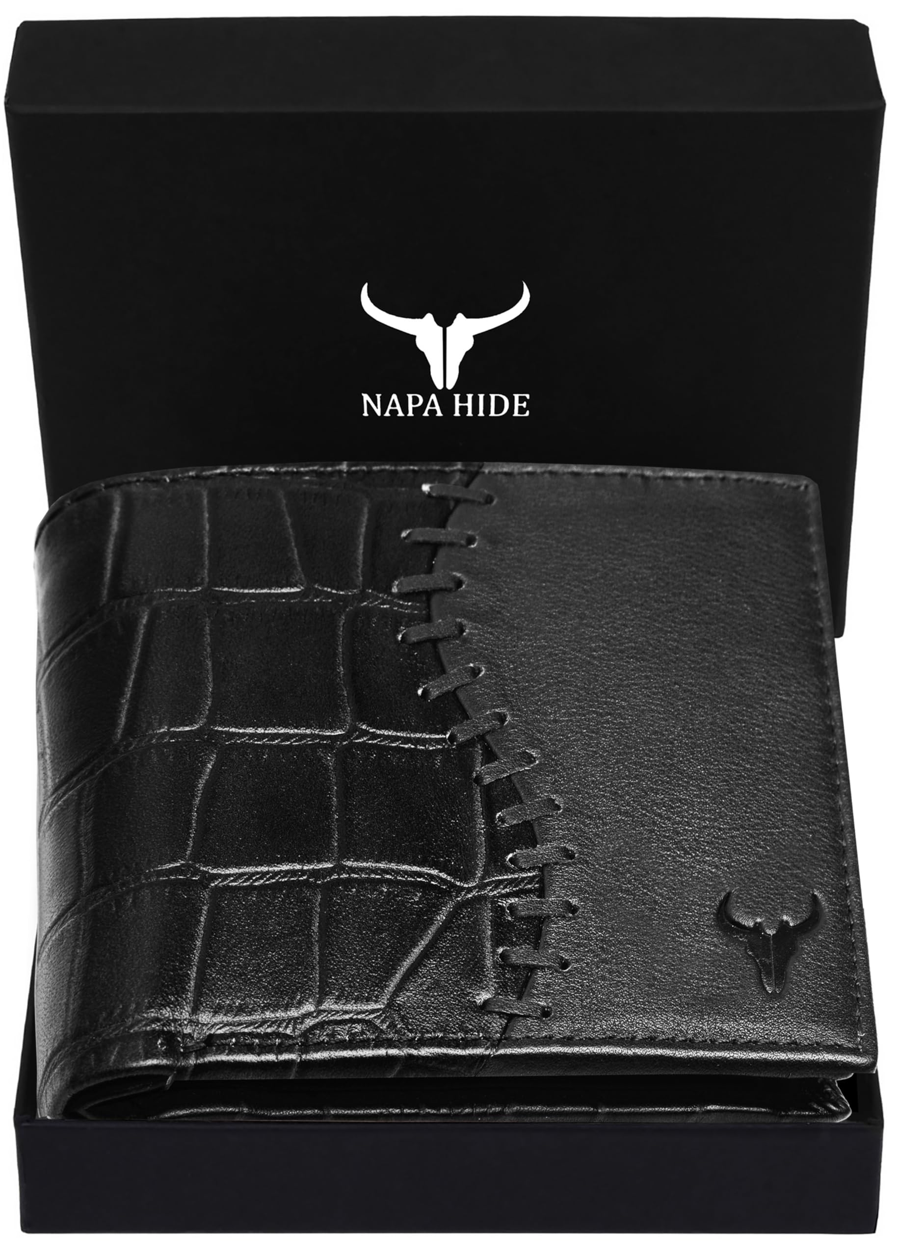 Black Leather Wallet for Men I 4 Card Slots I 2 Currency Compartments I 1 ID Window I 3 Secret Compartments I External Card Slot I 1 Coin Pocket