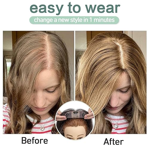 Miniatura 6 de S-noilite Toppers para el cabello humano real para mujer, sin flequillo, 3.9 x 4.7 in, base de seda, extensiones de pelo con clip para cabello fino,