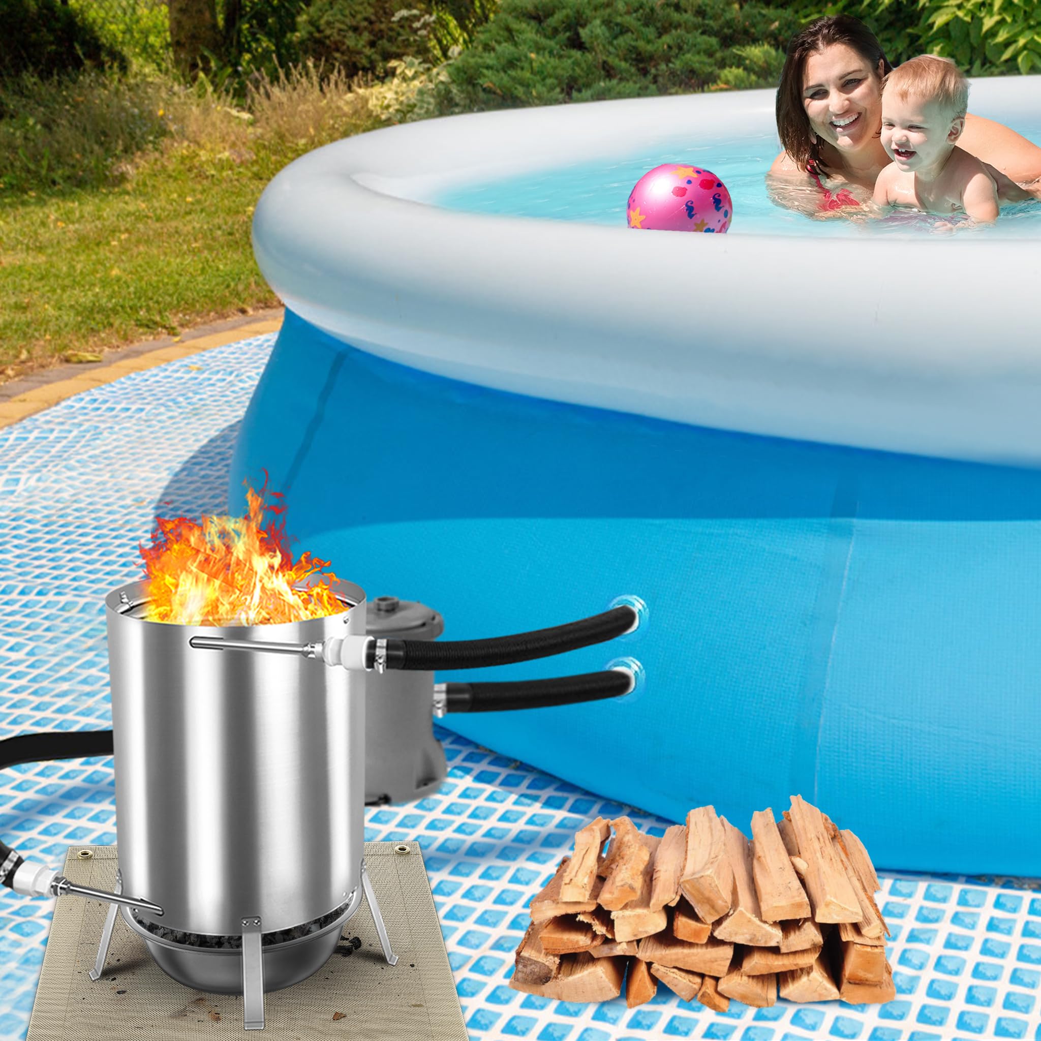 SUBTLETY Riscaldatore per piscina in acciaio inox con fuoco e spirale di riscaldamento, con connettori Ø 32/38 mm, per piscina e legna da ardere, riscaldamento per piscina da 12 l, per esterni