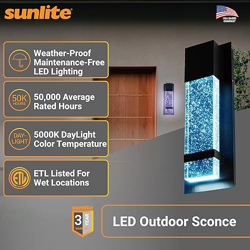 Miniatura 2 de Sunlite Aplique de pared LED, marco de metal negro con panel de vidrio efecto gota de lluvia, 4.75 pulgadas de ancho, 5000 K súper blanco, interior