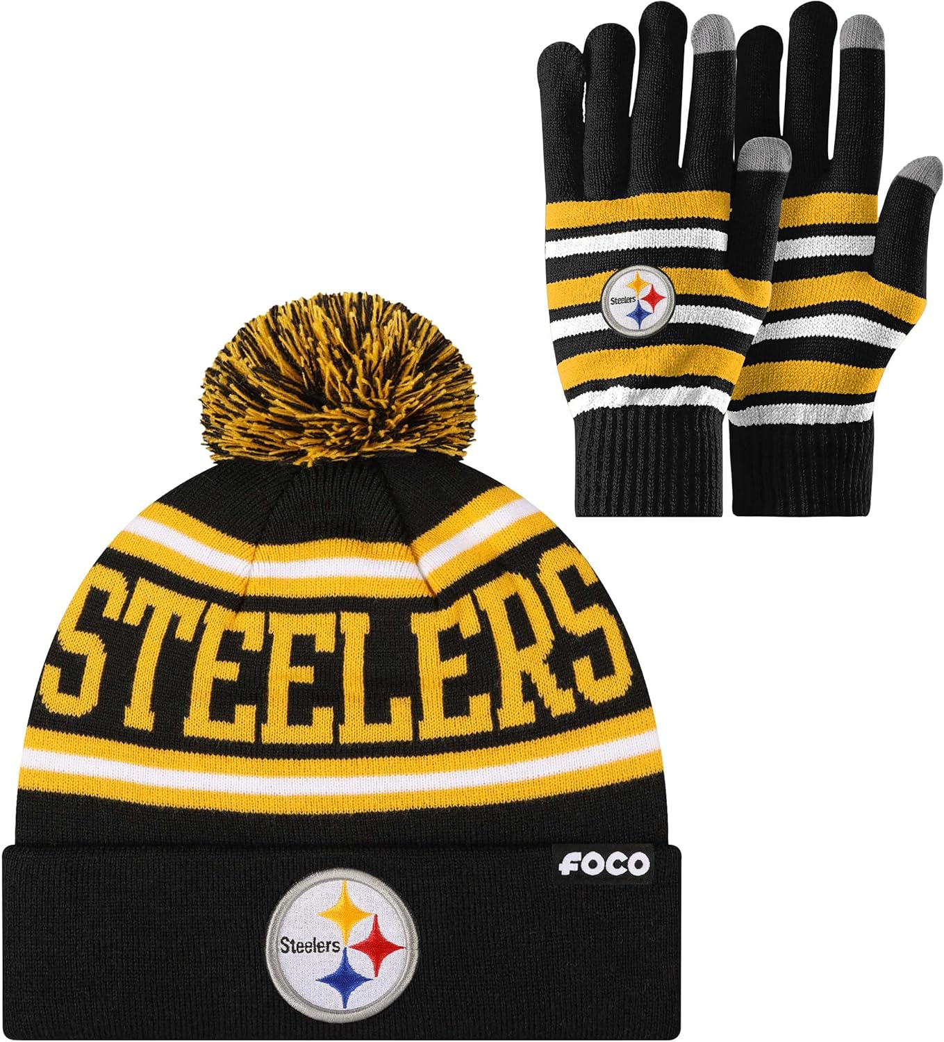 FOCO NFL unisex-adult Nfl Team Logo Adult Stretch Gloves With Stripe Pom Winter Knit Hat Beanie Set