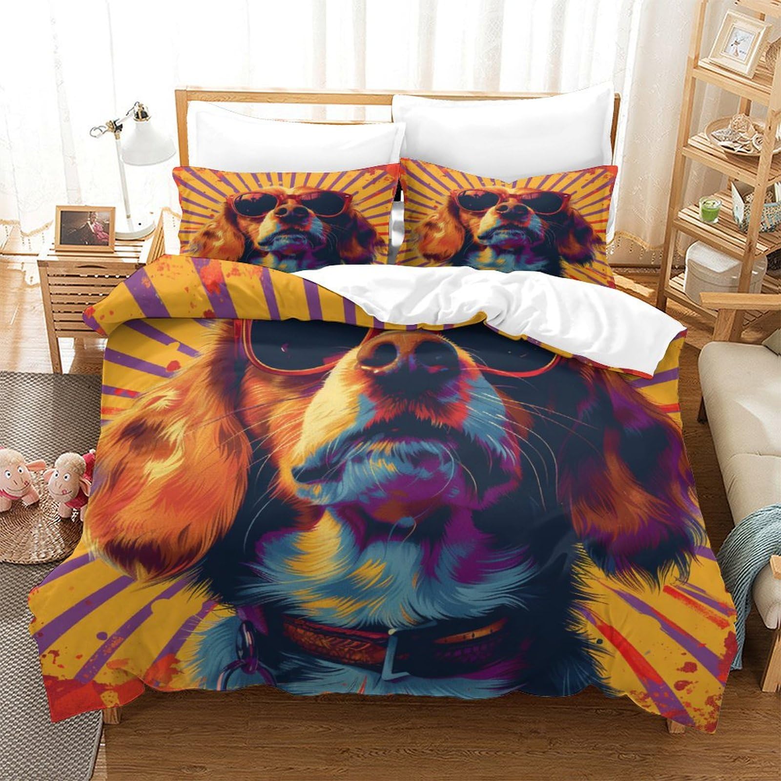 P1S9U7W5Y Colorful Retro Dog 3D Printed Duvet Cover Set 3pcs Microfiber Artistic Dog Bedding Set King