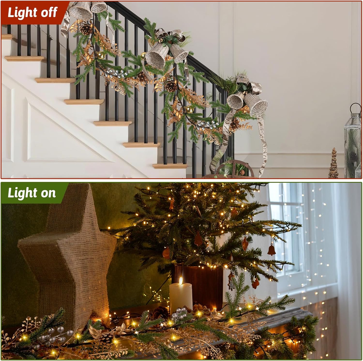 Luditek Christmas Garland with Lights, 5.2ft 40 LEDs Pine Needles Pinecones Christmas Decor String Lights Battery Operated, Christmas Decorations Indoor for Home Fireplace Mantel Door Xmas