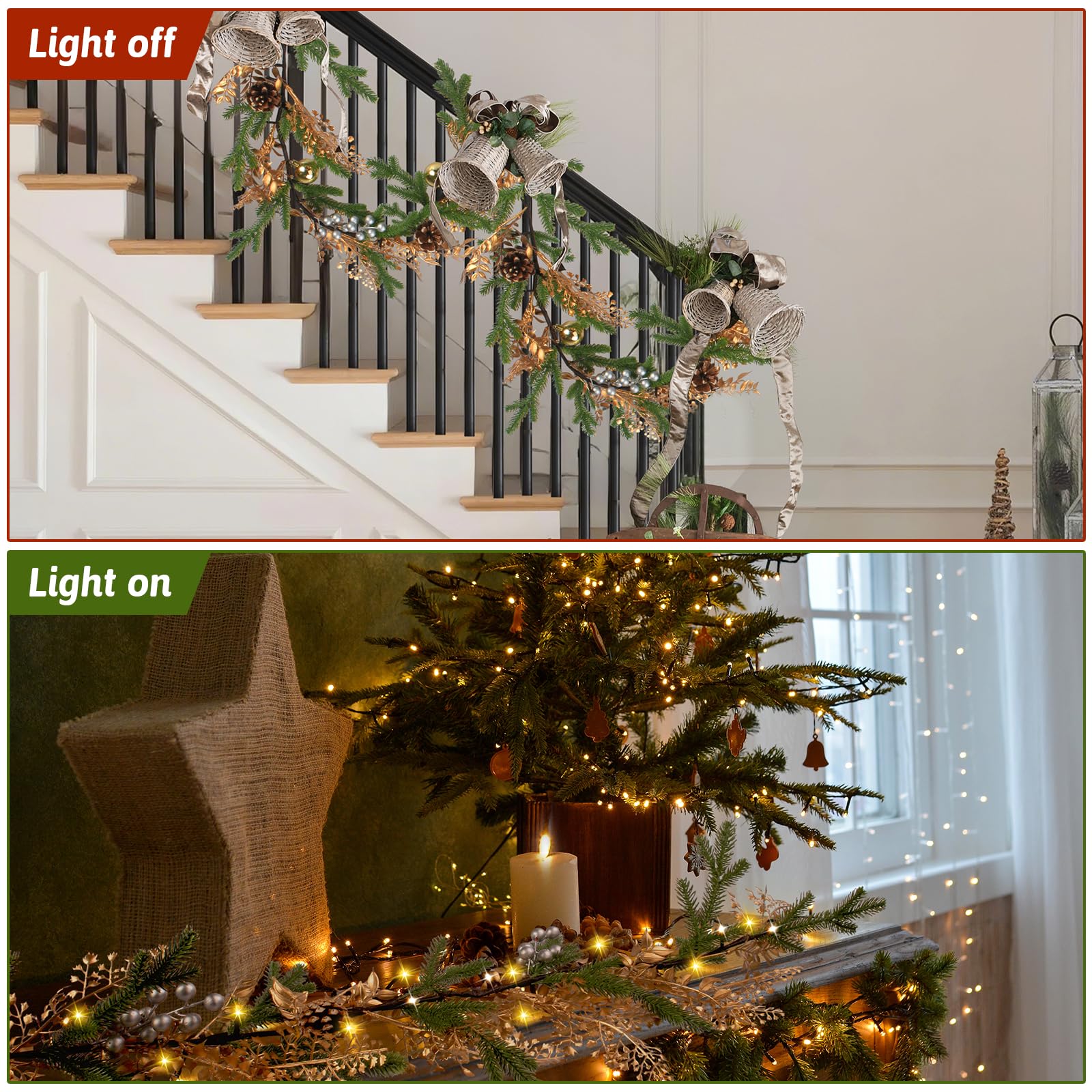 Luditek Ghirlanda natalizia con luci, pigne bacche da 1,5 m, 20 luci LED a batteria, decorazioni natalizie per interni per casa, camino, caminetto, decorazione natalizia