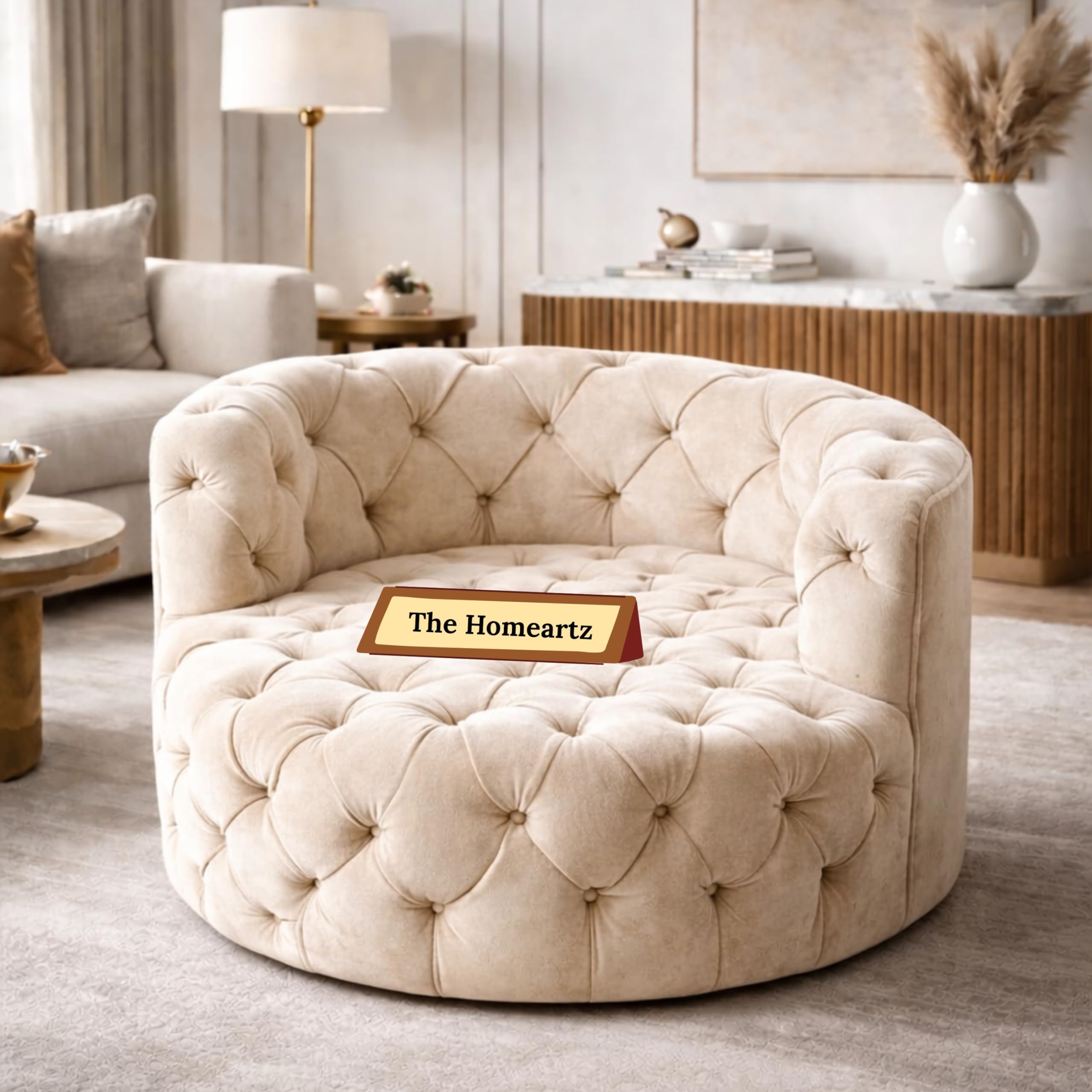 Nova Barrel Lounge Chair | Barrel Button Tufted Velvet Accent Sofa Chair for Living Room & Bedroom | Single Seater Lounge Chair (Beige)-image-48