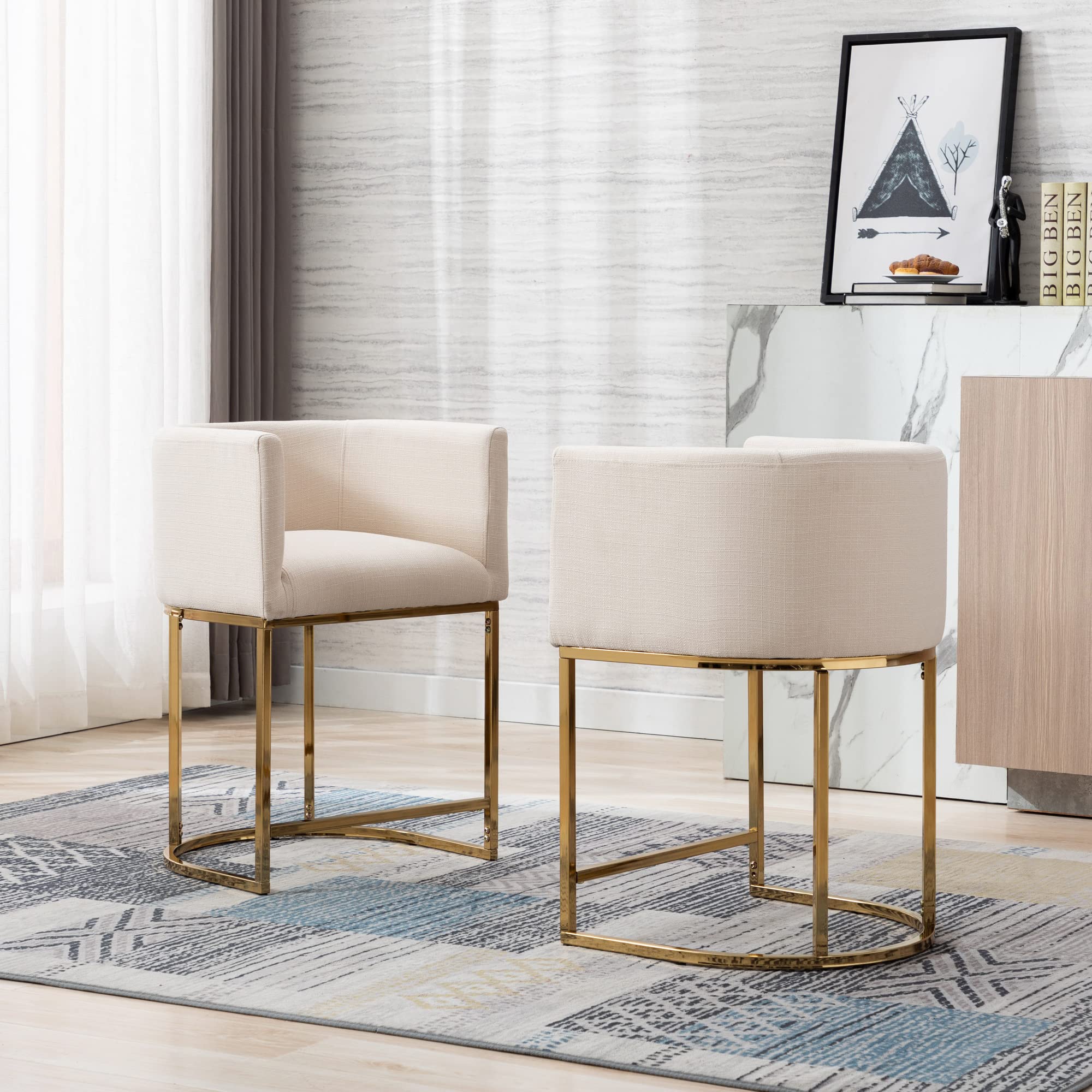 BESTANO Modern Counter Height Linen Upholstered Bar Stools Set of 2, 24" Kitchen Counter Island Stools Bar Chairs with Gold Metal Frame for Kitchen