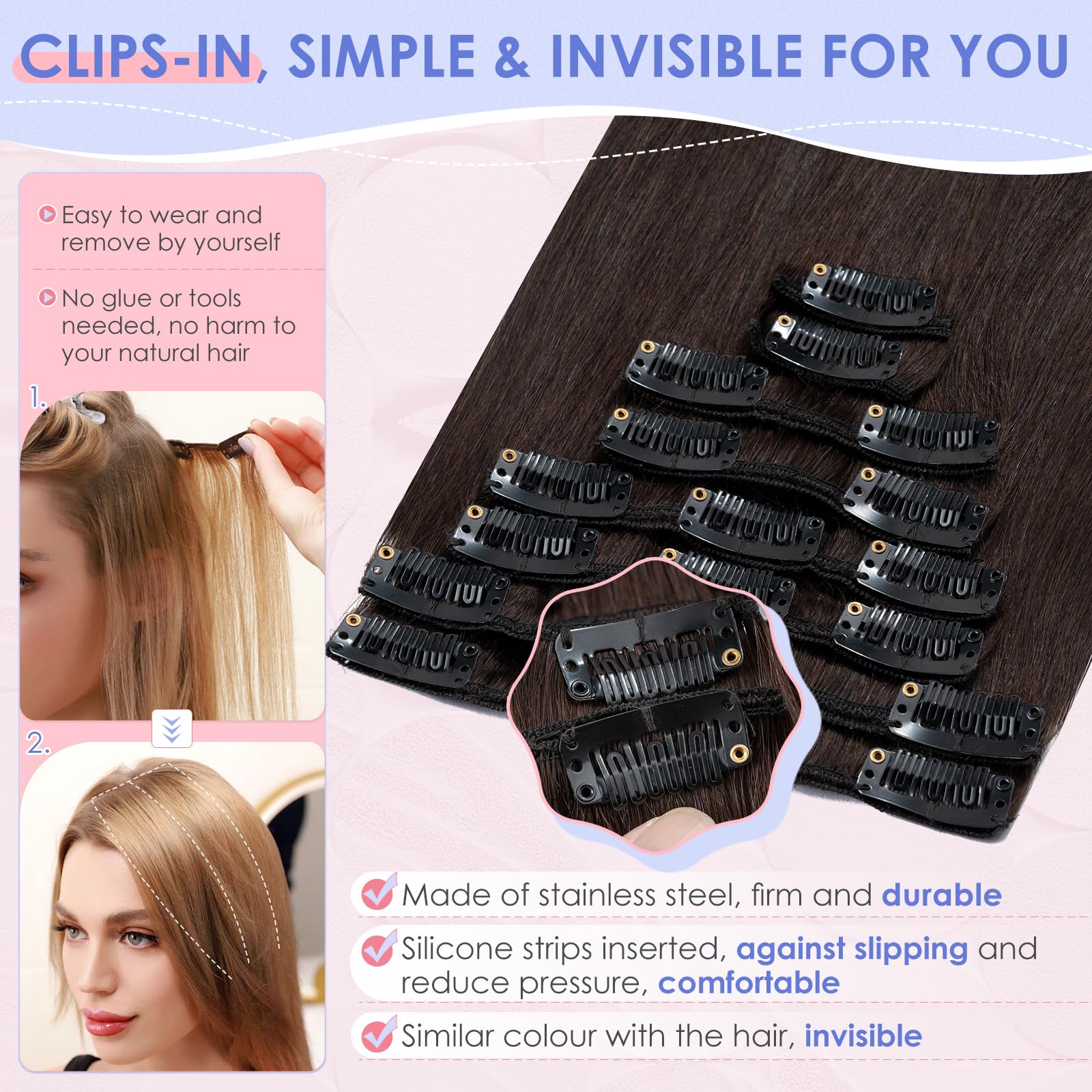Elailite Clip in Hair Extensions Real Human Hair - 8 Pieces Thin Weft Full Head Remy Hair Straight - #2 Dark Brown - 20 Inch (70 g) - Image 3