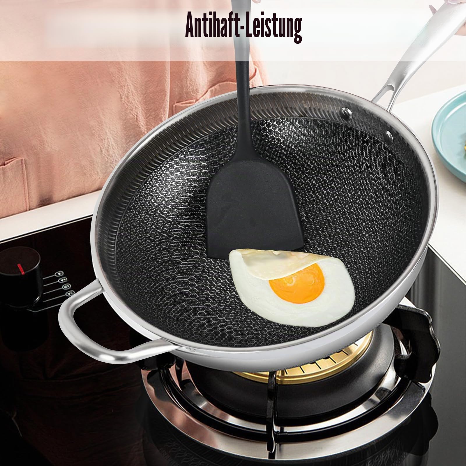 Wokpfanne mit Glasdeckel Spachtel Bratpfanne 32cm Edelstahl Pfanne Für Alle Kochplatten Wokpfanne Induktion Wok Wabenstruktur mit Antihaftbeschichtung Spülmaschinengeeignet Non Stick Pan Küchenprodukt