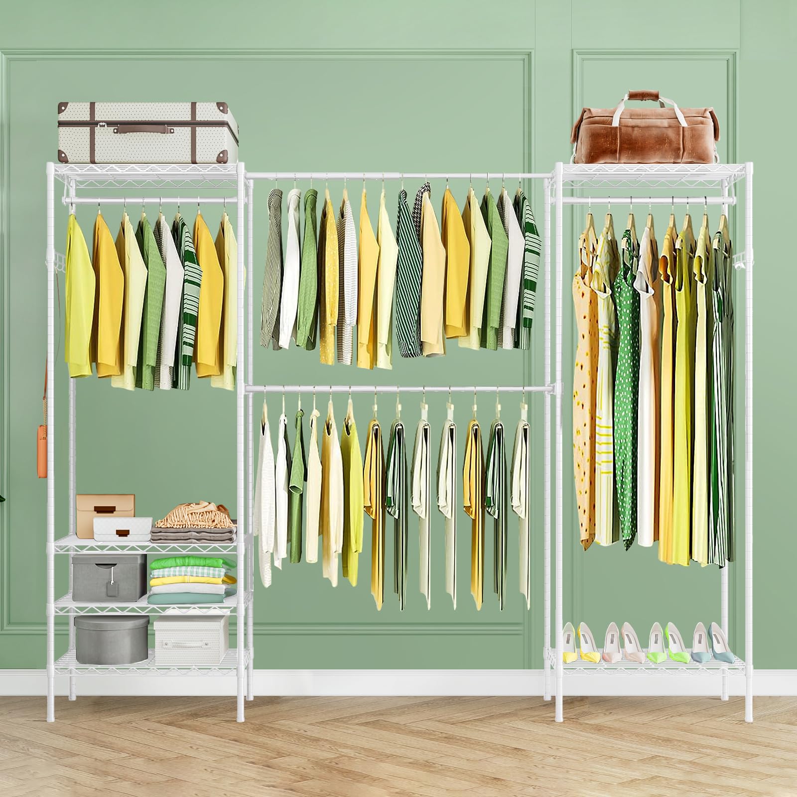 Erweiterbar Kleiderständer,Kleiderstange,(70.2-88.2”) Lx13.9”Wx71.2”H Schwerlast Kleiderständer Metall Garderobenständer Kleiderbügel Kleiderschrank mit Haken (Weiß)