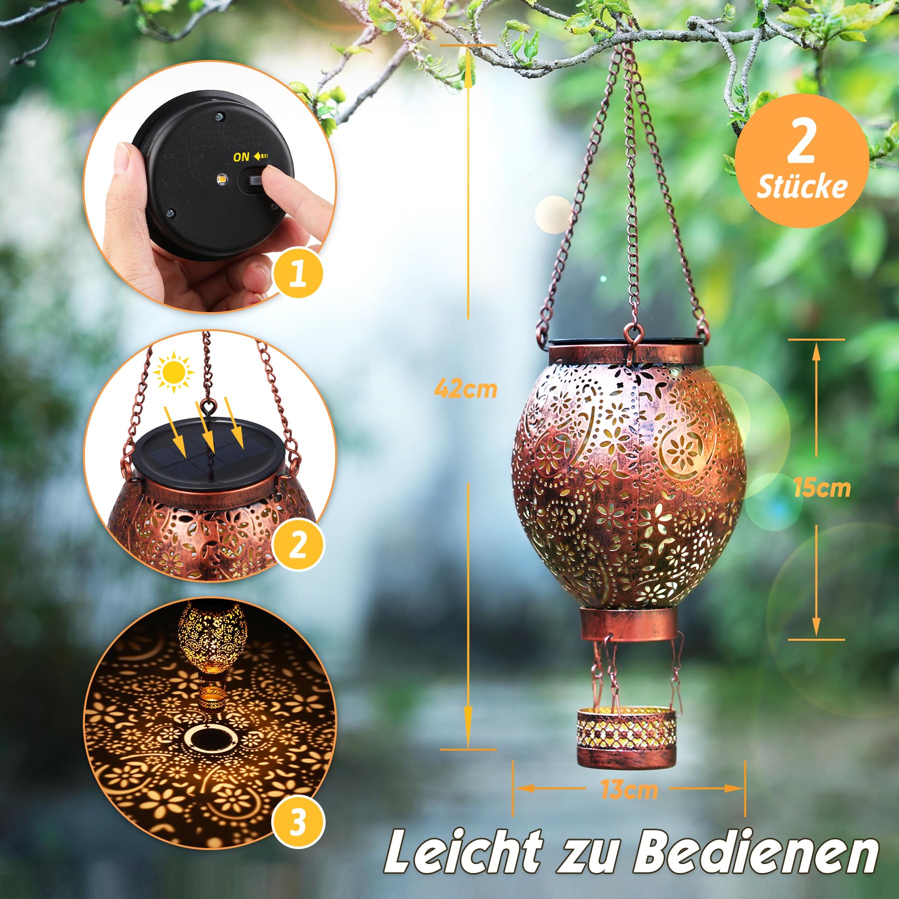 Lot de 2 lanternes solaires d'extérieur IP65 étanches en métal pour l'extérieur - Lampes solaires orientales pour extérieur, jardin, balcon, terrasse, pelouse, cadeaux (montgolfière)