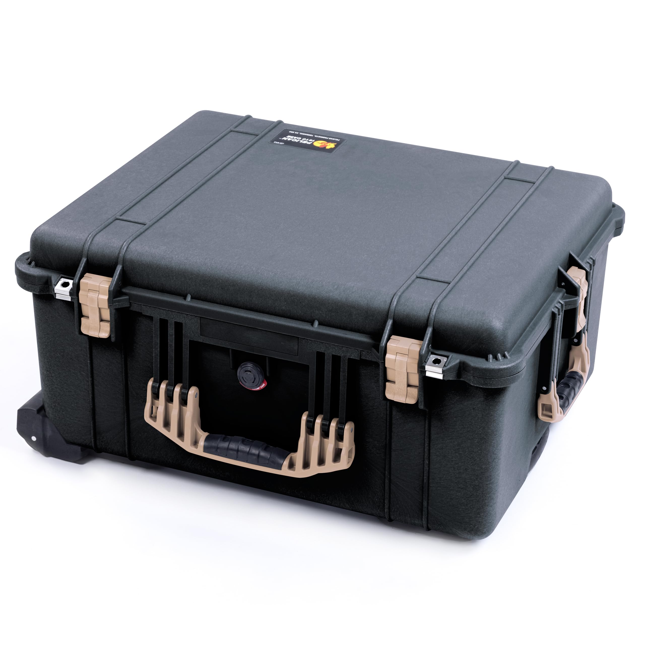 Pelican 1610 Case by ColorCase - Black - Large Sized Waterproof Case with TrekPak Divider System & Mesh Lid Organizer - Desert Tan Handles & Latches