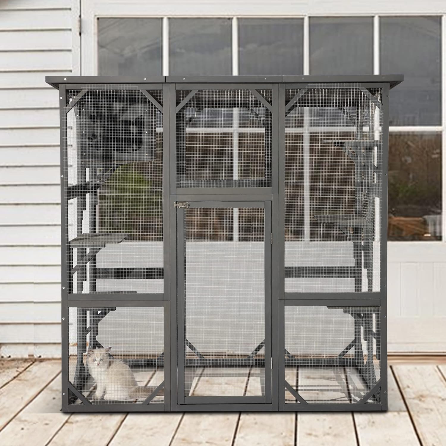 LEISU Large Outdoor Cat House Outdoor Wooden Cat Cage Cat Enclosure with Weatherproof Large Run, Jumping Platforms for Play Catio Cat Patio with Large Entrance Easy to Clean (Dark Grey)