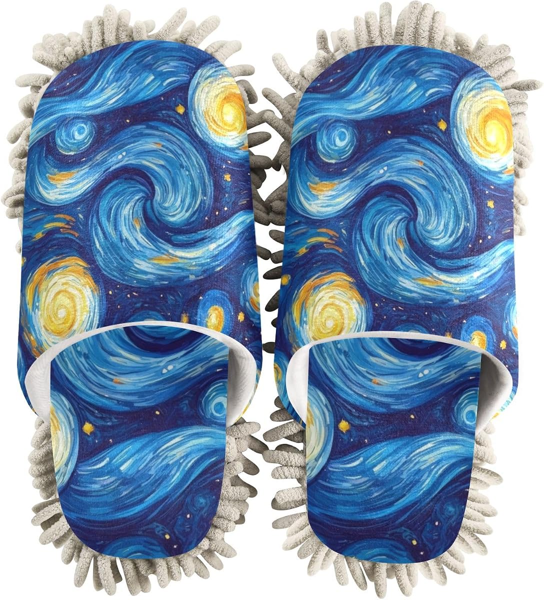 Zapatillas de Limpieza de Microfibra Estilo Van Gogh Noche Estrellada Zapatos de fregona Lavables Zapatillas para Hombres/Mujeres Limpiador de Polvo de Piso de casa, Talla L
