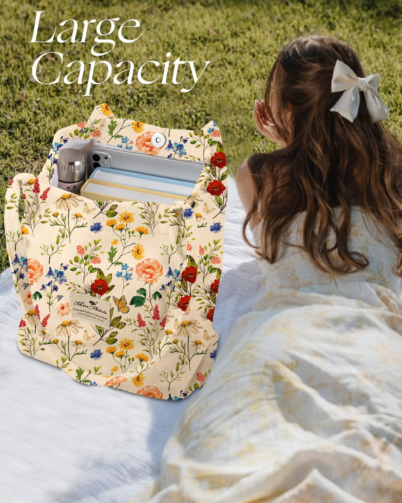 Miss Adola Aesthetic 2 Pack Corduroy Tote Bag - with Makeup Pouch Bag for Women Reusable Grocery Bag for Gym, Travel, Work