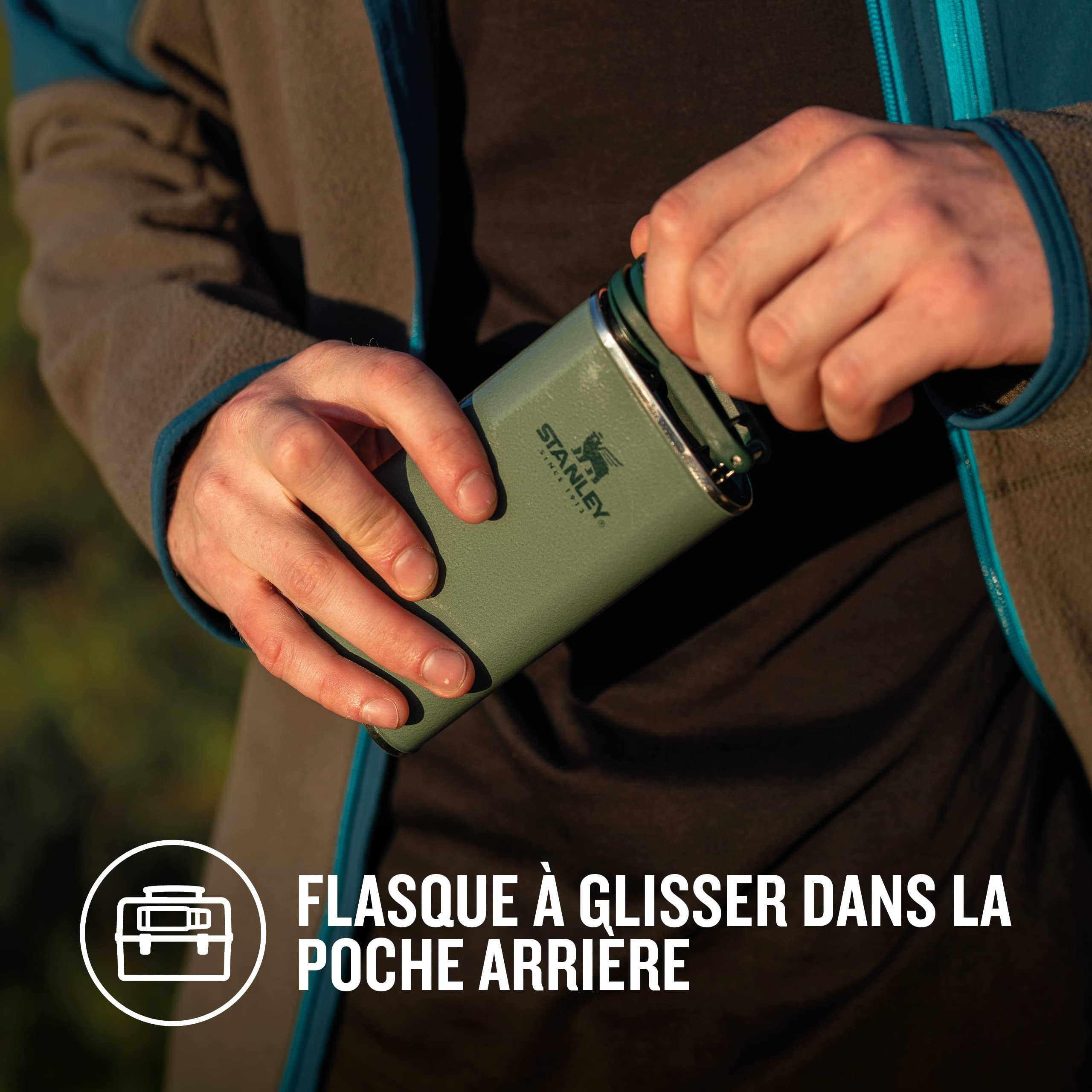 Stanley 1913 Classic Wide Mouth Flask 0.23L - Avec Bouchon Anti-Perte - Flasque en Acier Inoxydable à Large Ouverture - Etanche - Sans BPA - Hammertone Green