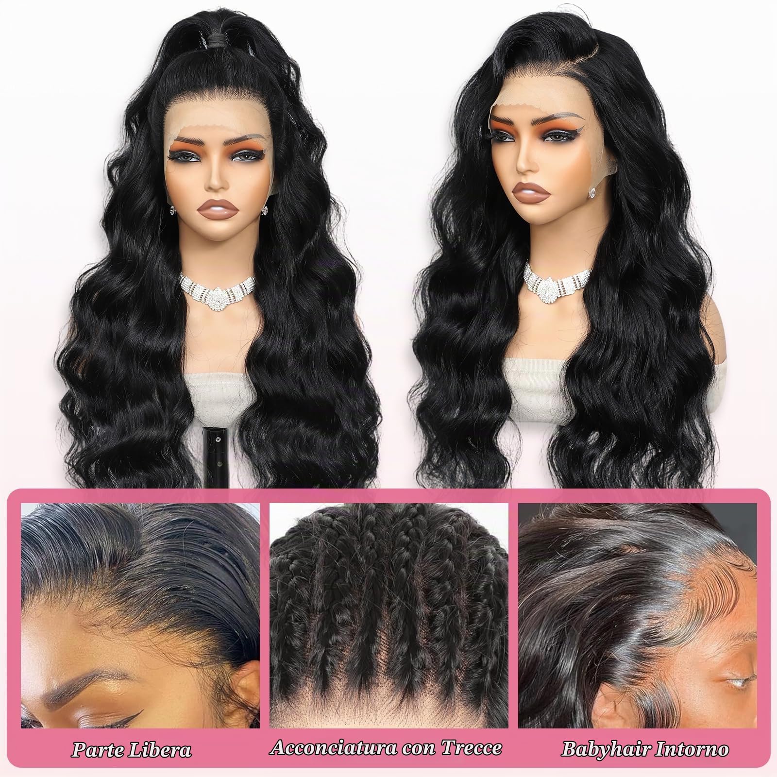 Parrucca Donna Capelli Veri Umani Glueless Human Hair Wigs Densità Del 180% Body Wave 13x4 Lace Front Wig Nera Parrucca Capelli Veri Ondulata 22 Pollici