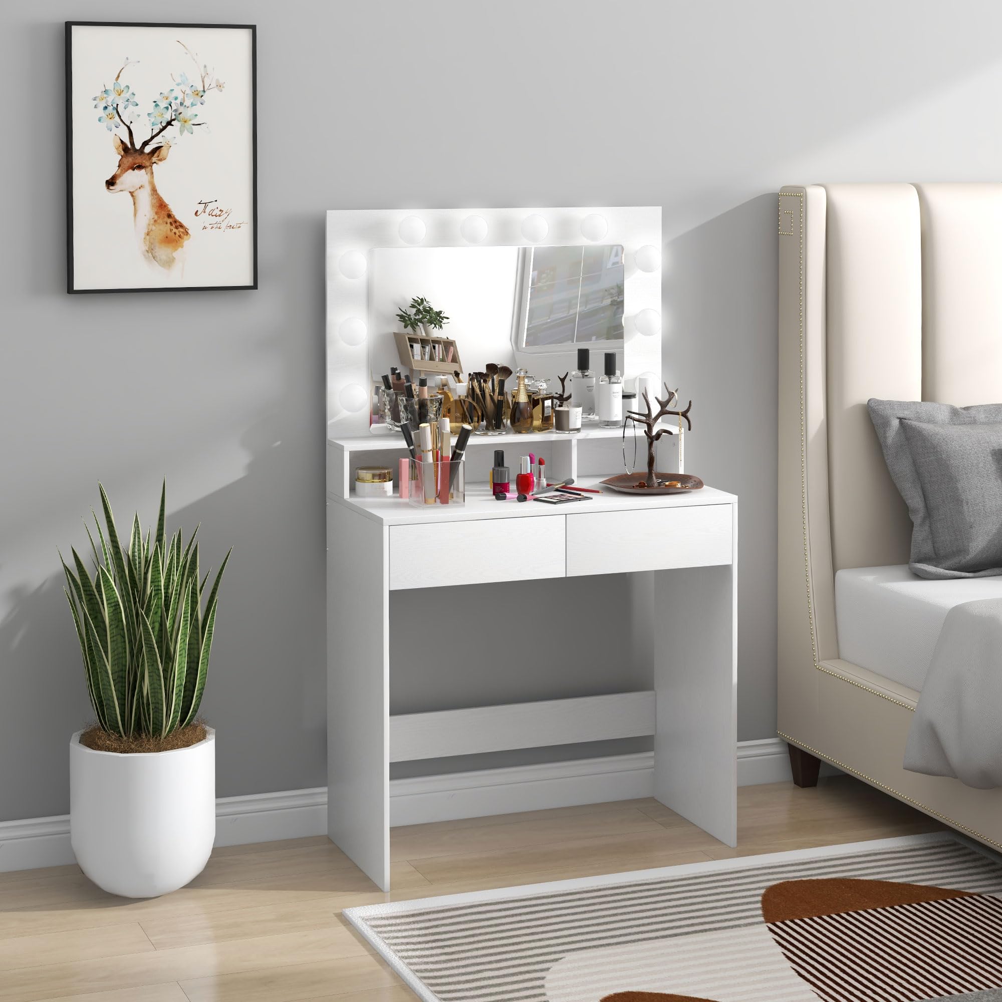 HOMCOM Toeletta Trucco con Specchio e 10 Luci LED Regolabili a 3 Colori, Postazione Trucco con 2 Cassetti e 3 Scomparti, per Camera da Letto, 80x40x135 cm, Bianco
