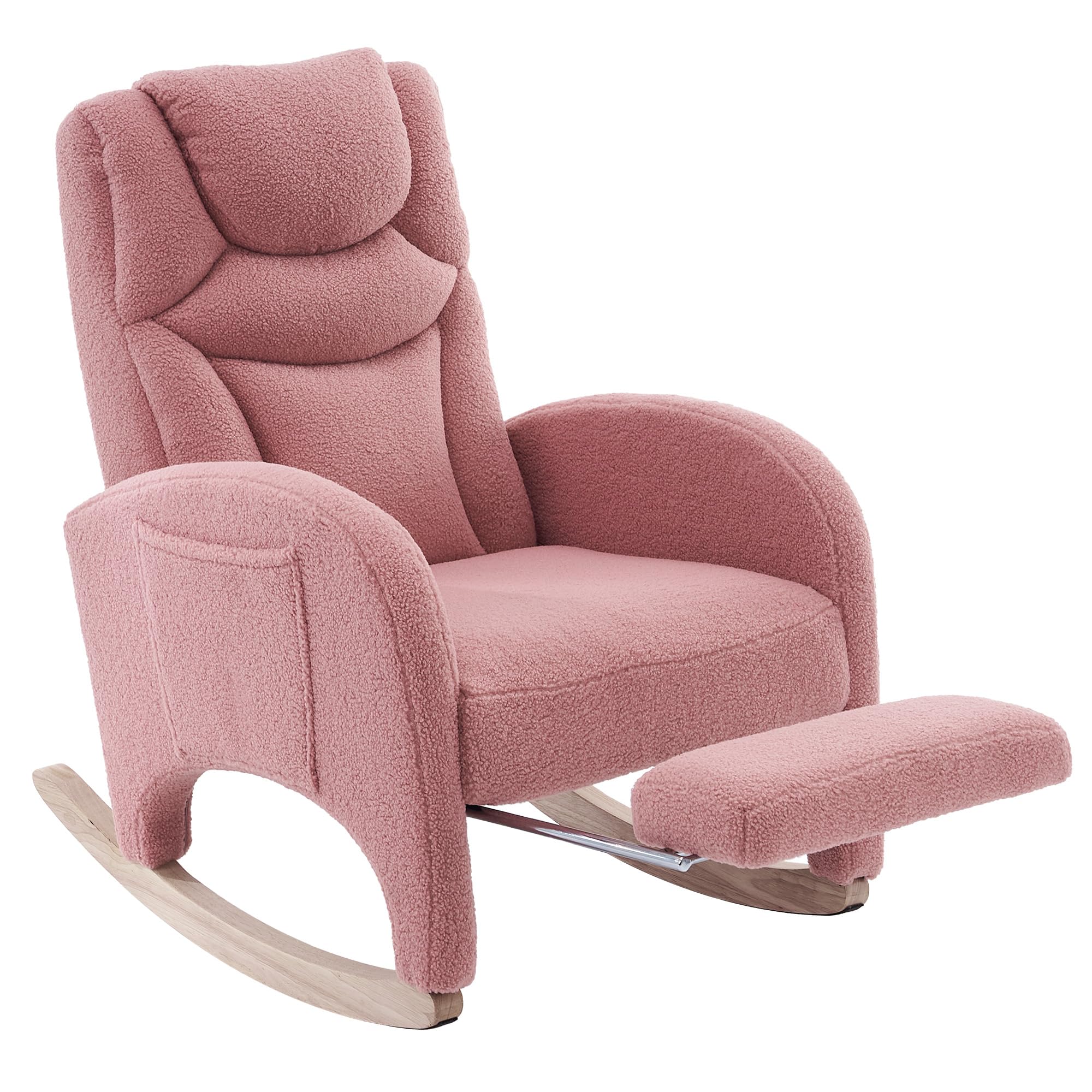052 Mecedora, sillón relax, silla de salón con reposabrazos, mecedora acolchada, silla acento para dormitorio, tela de peluche rosa, capacidad de carga de 110 kg