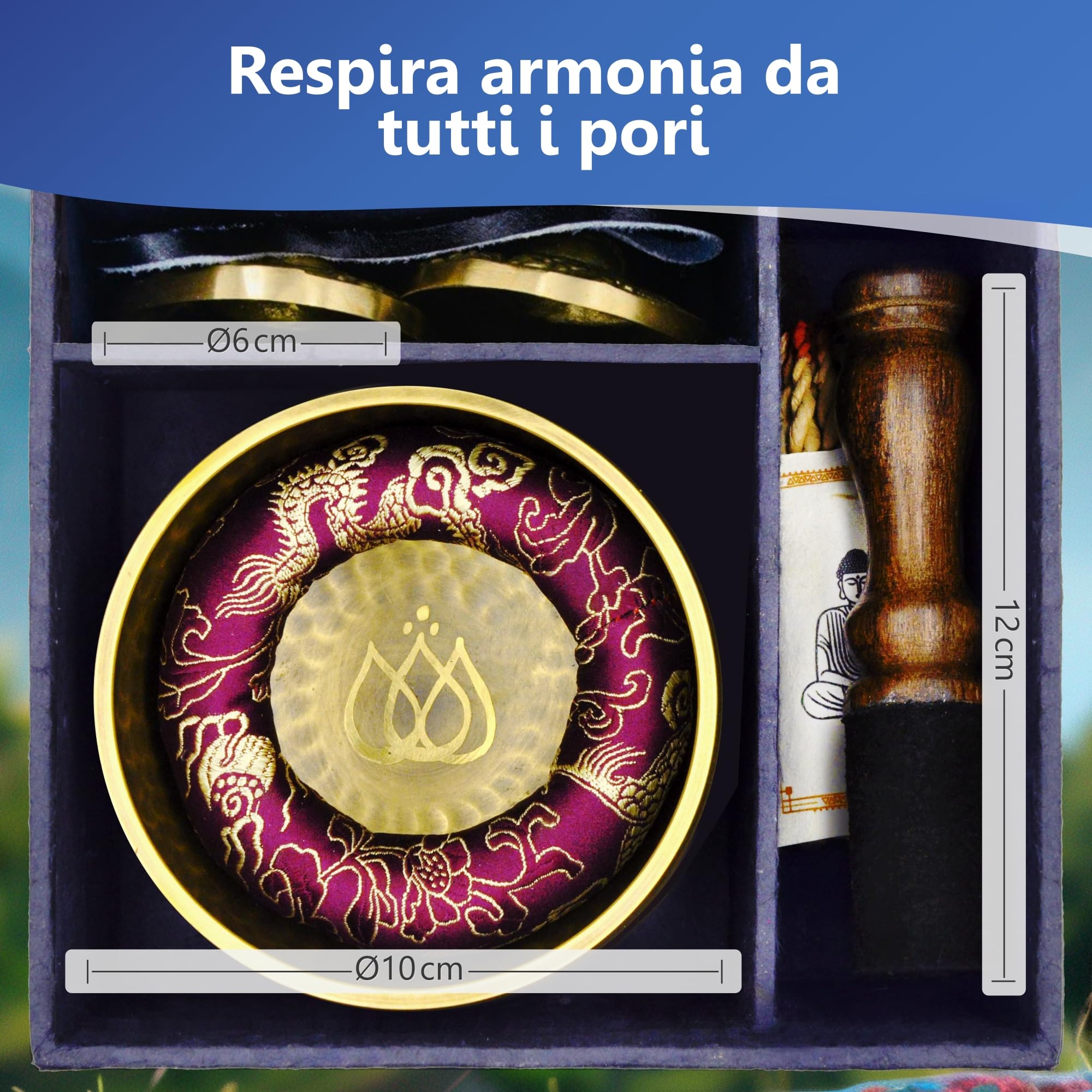 Campana Tibetana – Ø10 cm – Cimbali tibetani – Tingsha – Bruciatore incenso – Incenso di Corda – In Scatola di Lokta – Set di Accessori per Meditazione e Yoga – Fatto a Mano in Nepal