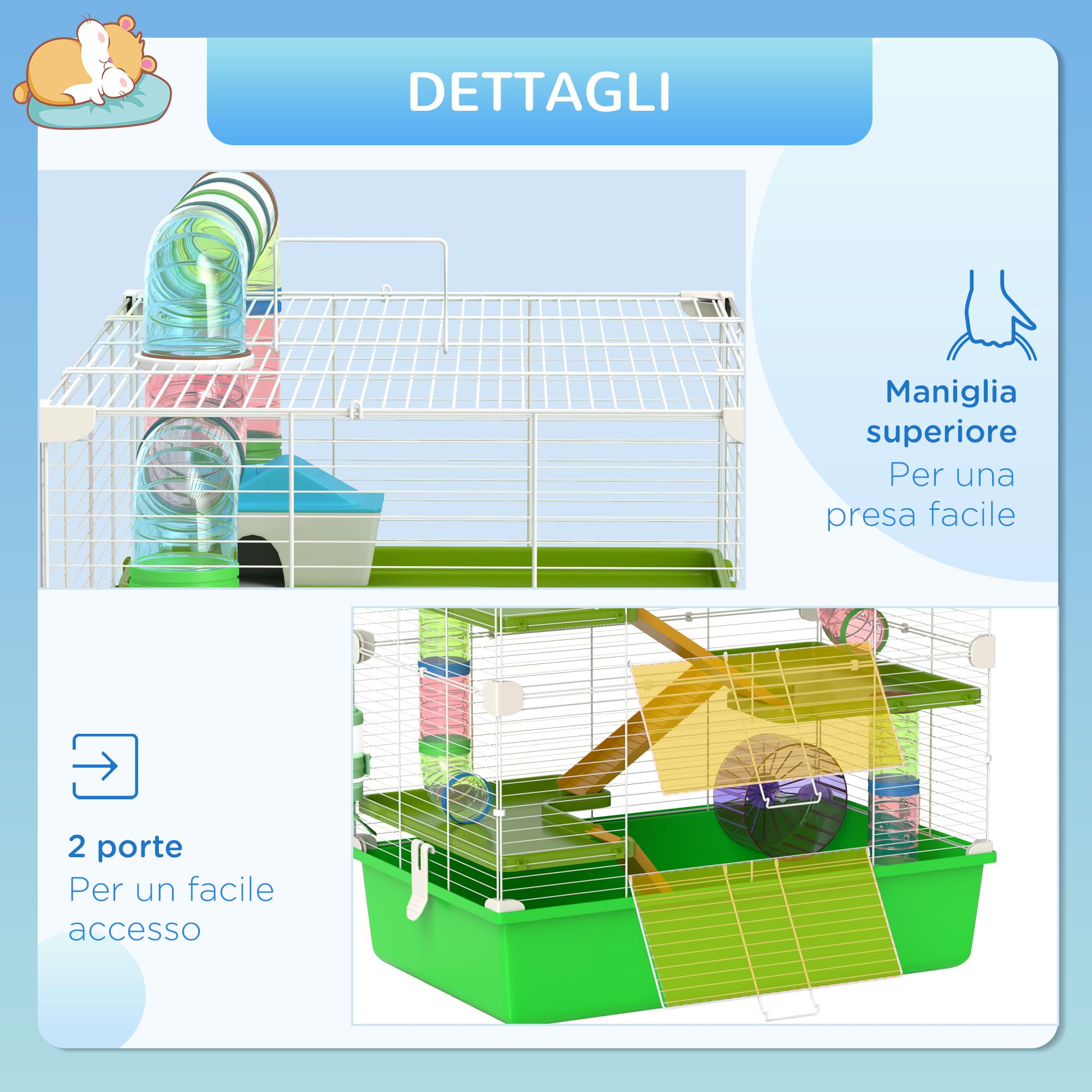 PawHut Gabbia per Criceti a 5 Livelli con Tubi, Casetta, Serbatoio dell'Acqua, Rampe, Ciotola, Piattaforme e Ruota, Gabbietta per Roditori con 2 Maniglie in Acciaio, PP e PS, 59x36x69 cm, Verde