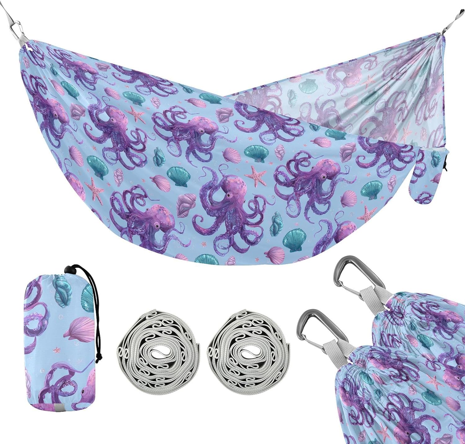 ALAZA Octopus Shell Camping Hammocks Single or 2 Person 500 lbs Portable Parachute Travel Hammock w/Tree Straps for Hiking Backpacking Indoor Outdoor