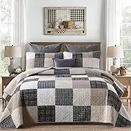 Quilts King Size - 100% Cotton Quilt Set with Matching Shams, Real Patchwork Plaid Reversible Quilt for King Bed, 3 Pieces Lightweight Coverlet Set for All Season, Brown/Beige/Charcoal
