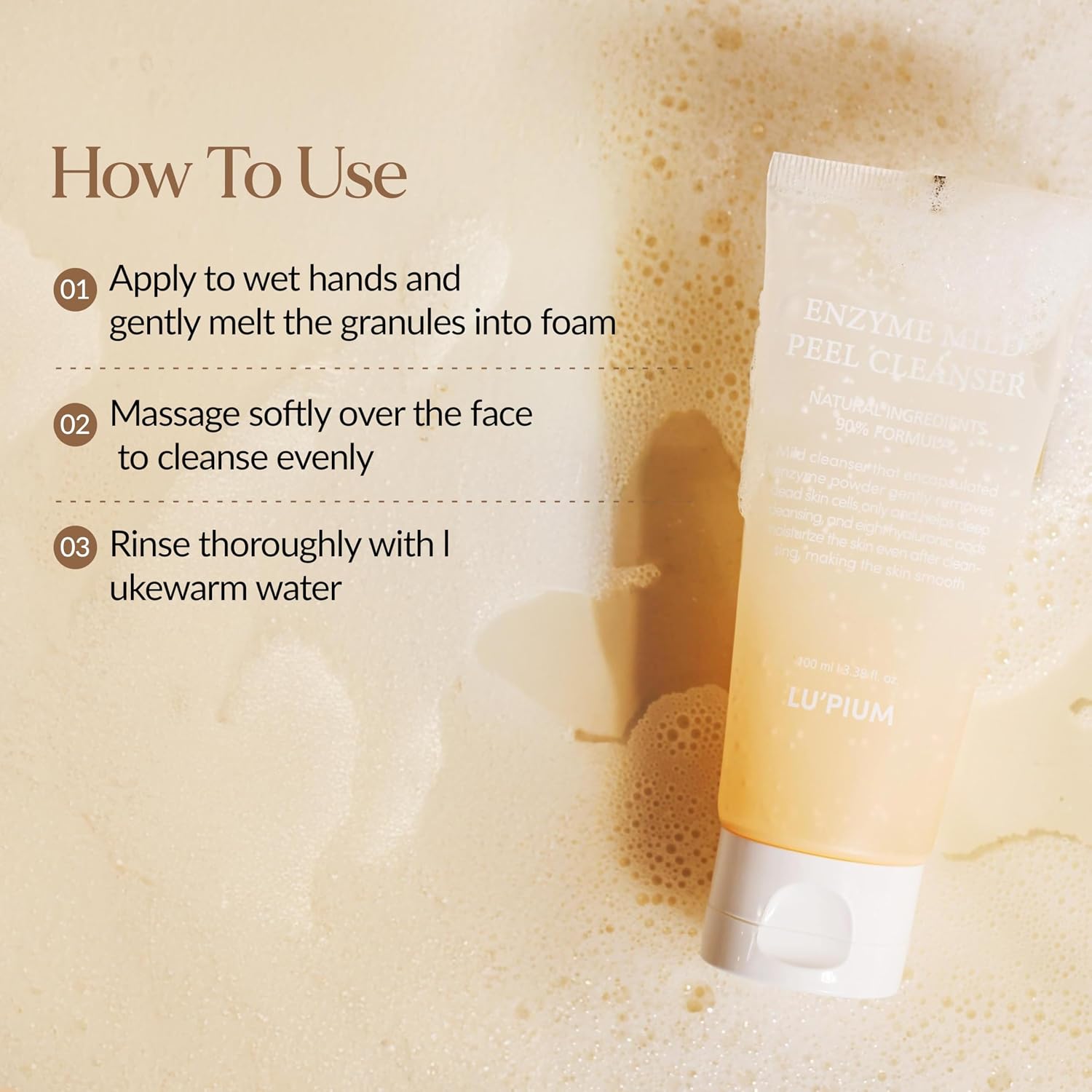 LU'PIUM Enzyme Mild Peel Cleanser – Gentle Daily Peel Cleanser for Sensitive Skin with Encapsulated Fermented Enzyme Powder, Hyaluronic Acid & Ceramide, Vegan Skincare (100ml 3.38 fl. oz.)