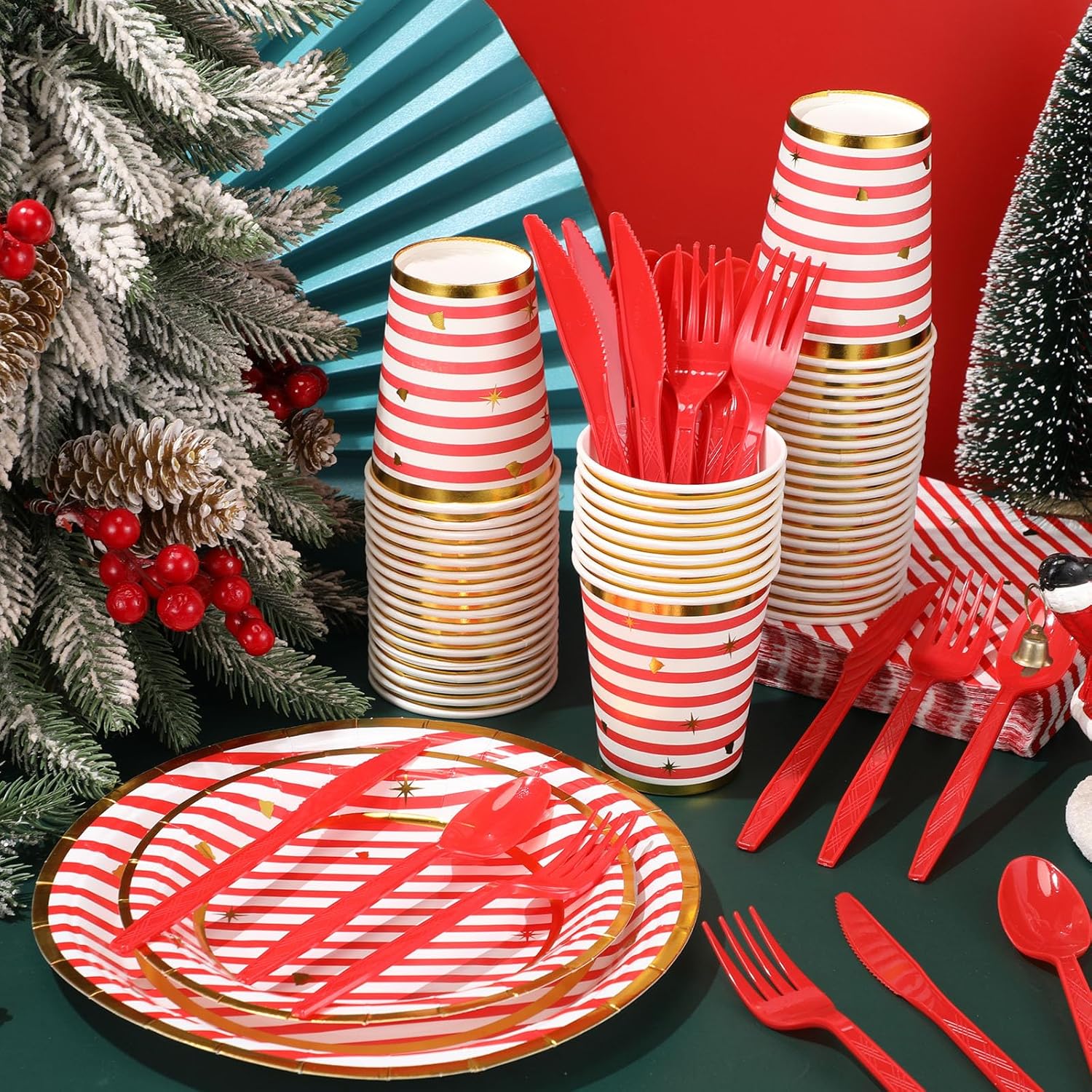 Maxcheck 350 Pcs Christmas Candy Cane Striped Party Plates Cups Napkins and Silverware Set for 50 Guests Disposable Paper Tableware Set Christmas Party Supplies and Table Decorations