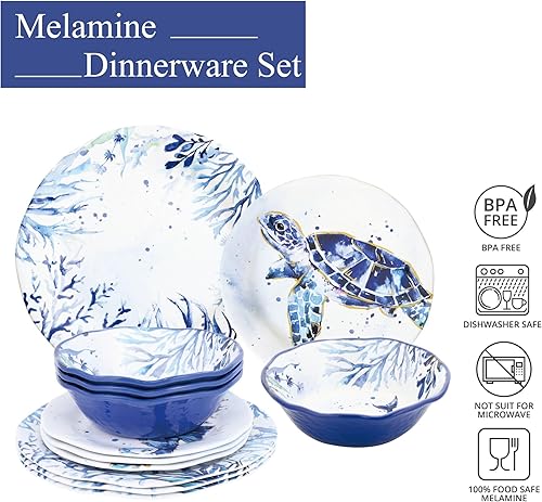 Miniatura 32 de UP ware - Juego de vajilla de melamina de cangrejo de 12 piezas, juego de platos para exteriores, juegos de platos y cuencos, servicio para 4