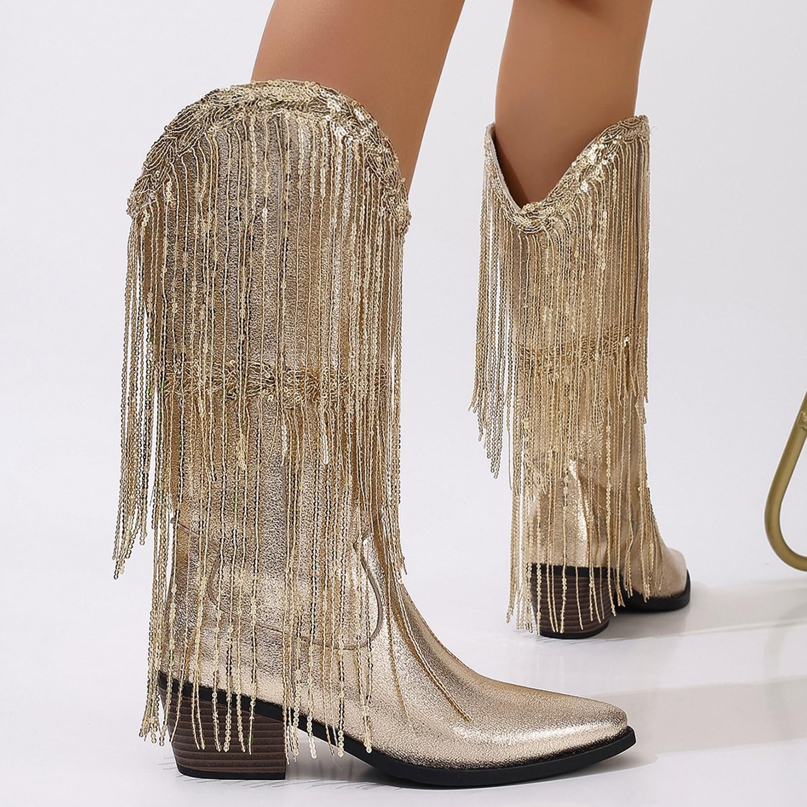 Damen Plateau Stiefel Silber Cowboystiefel Mit Fransen Glitzer Strass