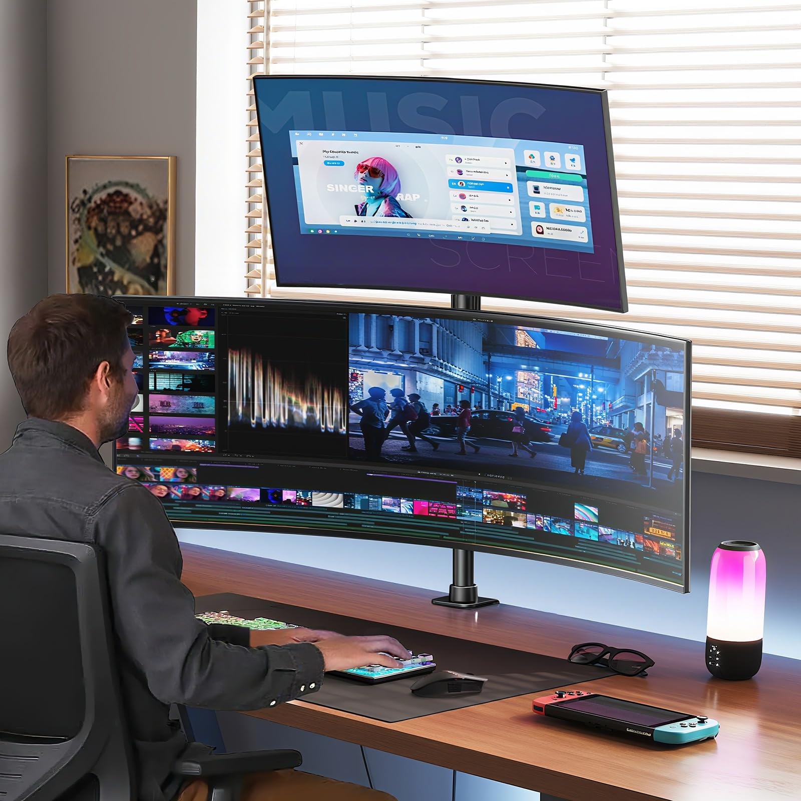 Supporto Doppio Monitor Verticale, Supporto per schermi ad alta resistenza con palo extra alto da 803 mm e impilamento verticale per monitor da 17" - 49" con rotazione