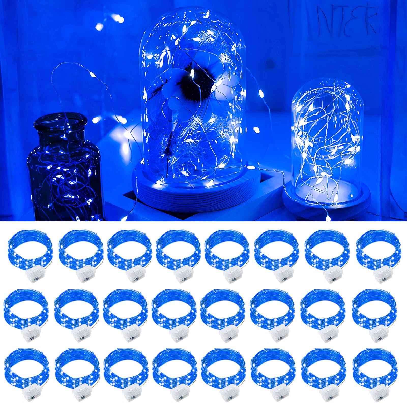 Confezione da 24 luci a batteria, 20 luci LED scintillanti da 2,1 m, 3 modalità, impermeabili, mini filo argentato per Natale, matrimoni, barattoli, centrotavola (24, blu)