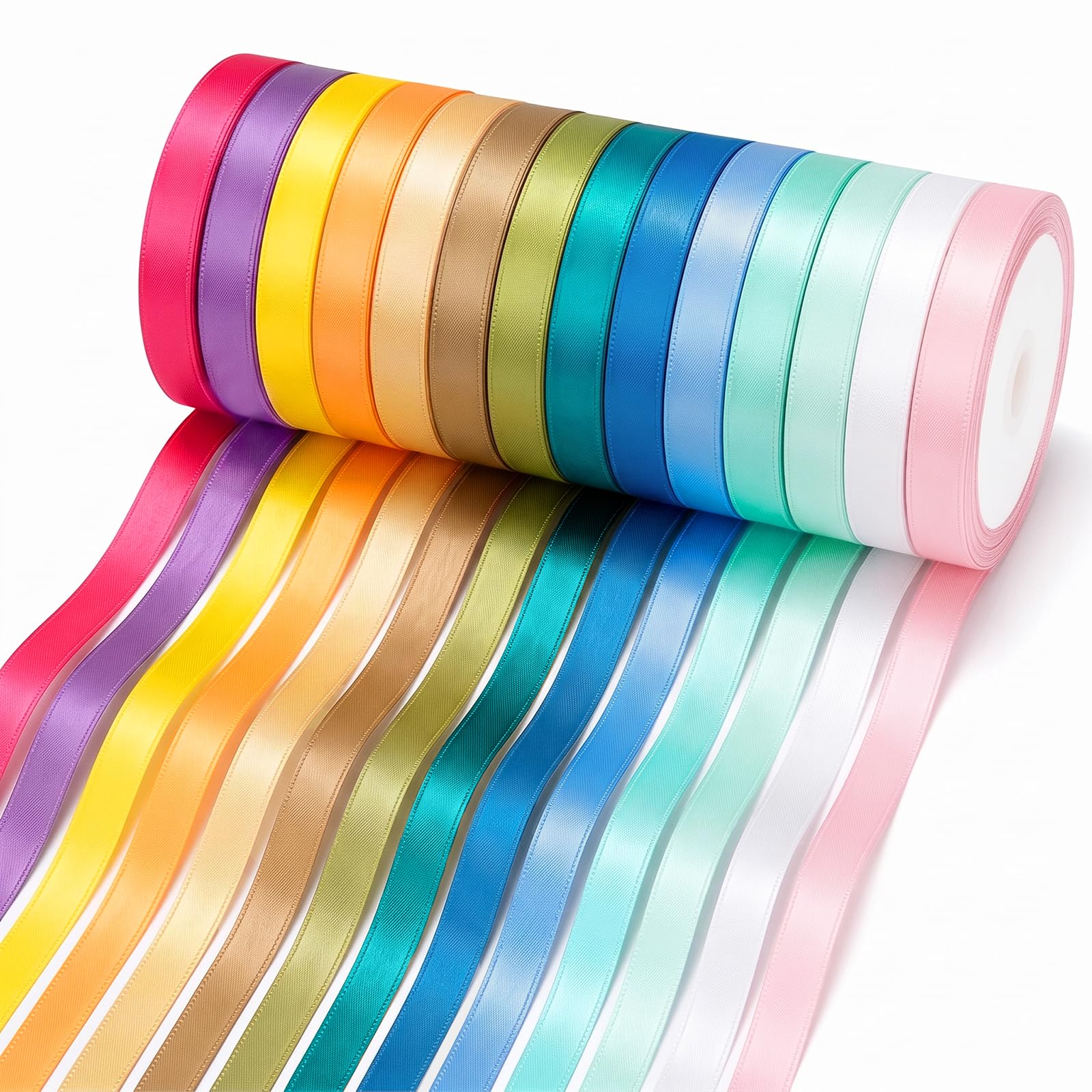 Double Faced Satin Rainbow Ribbon, 14 Colors 10M Polyester Fabric Ribbon