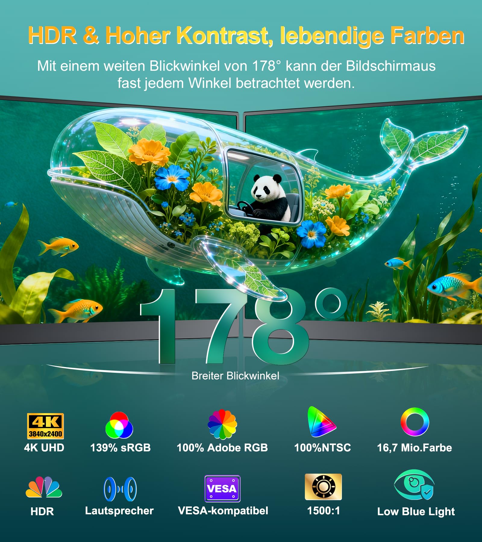15,6 Zoll 4K UHD 3840 x 2400 Portable HDR Monitor, HDMI 2 USB-C Tragbarer Monitor mit 100% AdobesRGB 1500:1 Kontrast 100% NTSC Display für PC, Laptop, PS5/4, Xbox und Switch, VESA-kompatibel