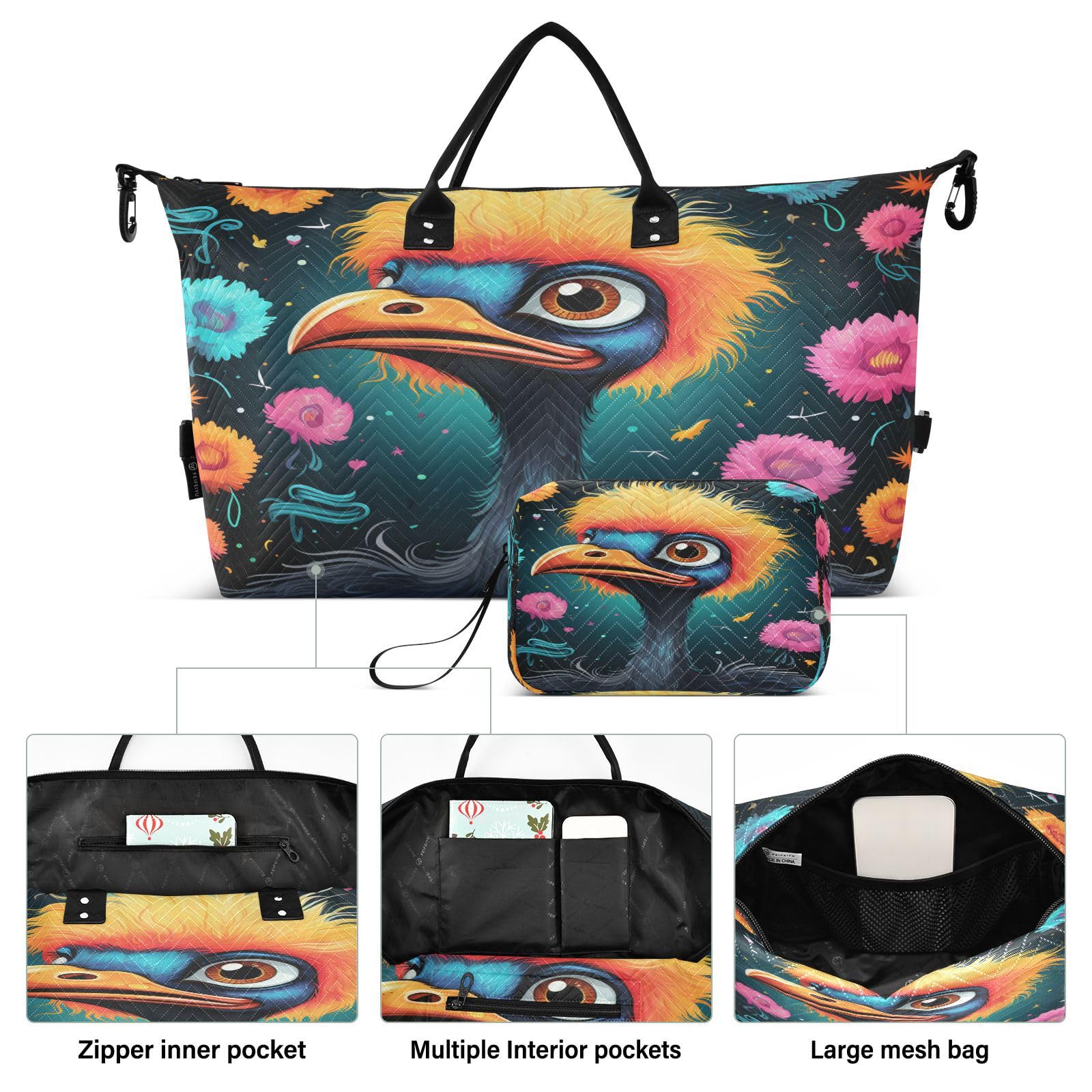 Cute Watercolor Ostrich Sports Swim Gym Bag Weekender Duffel Travel Bags Handbag with Makeup Storage Bag for Girls Men