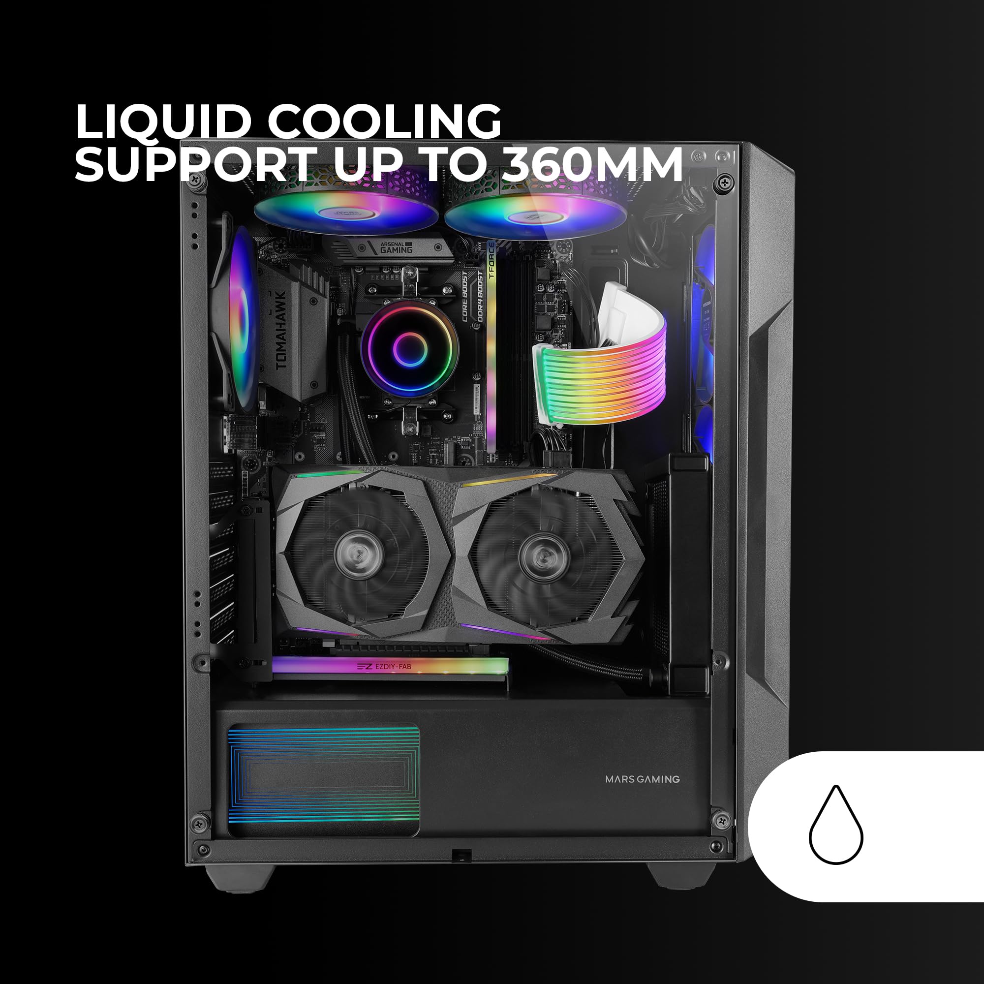 MARSGAMING MC-GEO, Case Gaming ATX, 4x Ventole FRGB Rainbow 12cm, Pannello Frontale Mesh Geometrico, Finestra Laterale Vetro Temperato, Semitorre Doppia Camera, Supporto Raffreddamento Liquido, Nero