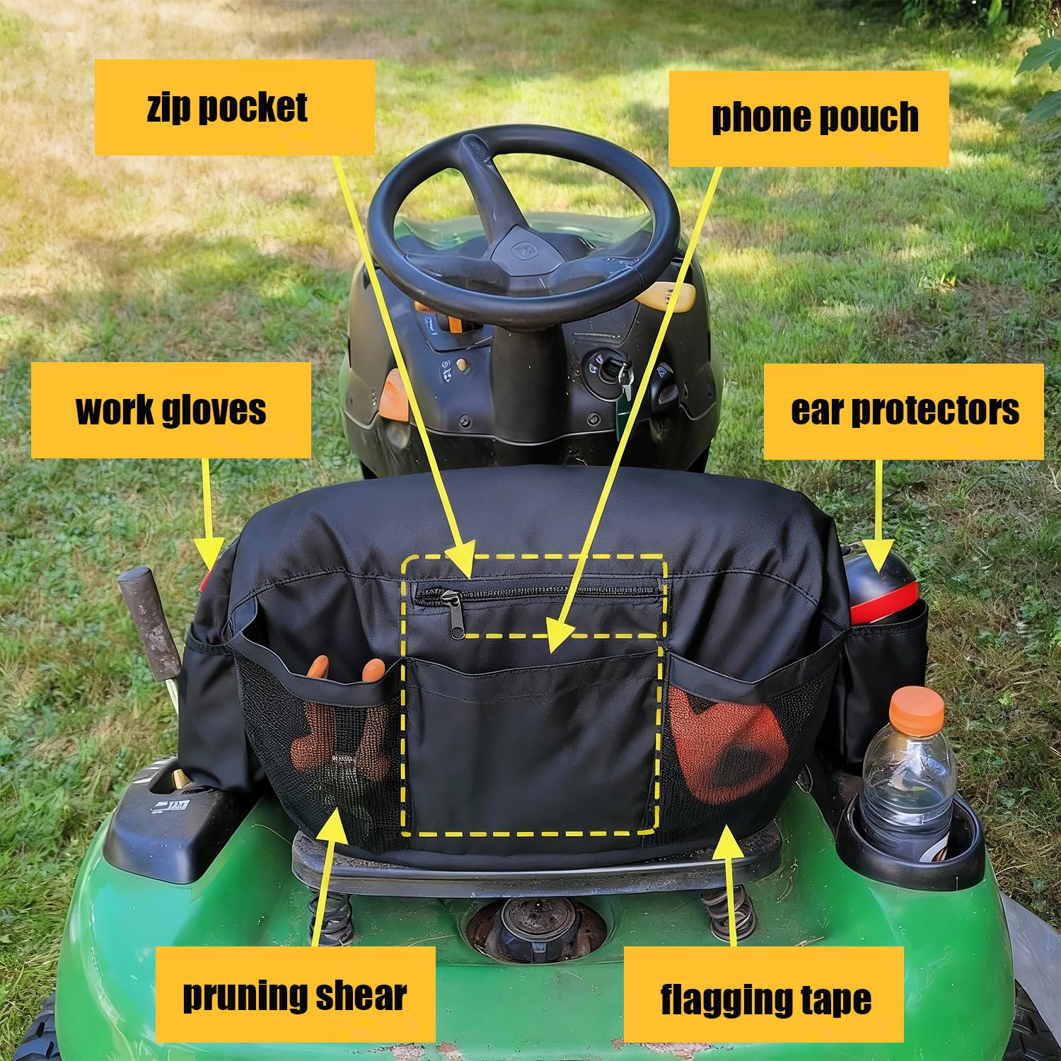 Funda de Asiento de Tractor de césped Compatible con John Deere, Cub Cadet, Kubota, Craftsman, Impermeable, 600D, Universal, Funda de Asiento Acolchada con Bolsillos para Bebidas, se Adapta a