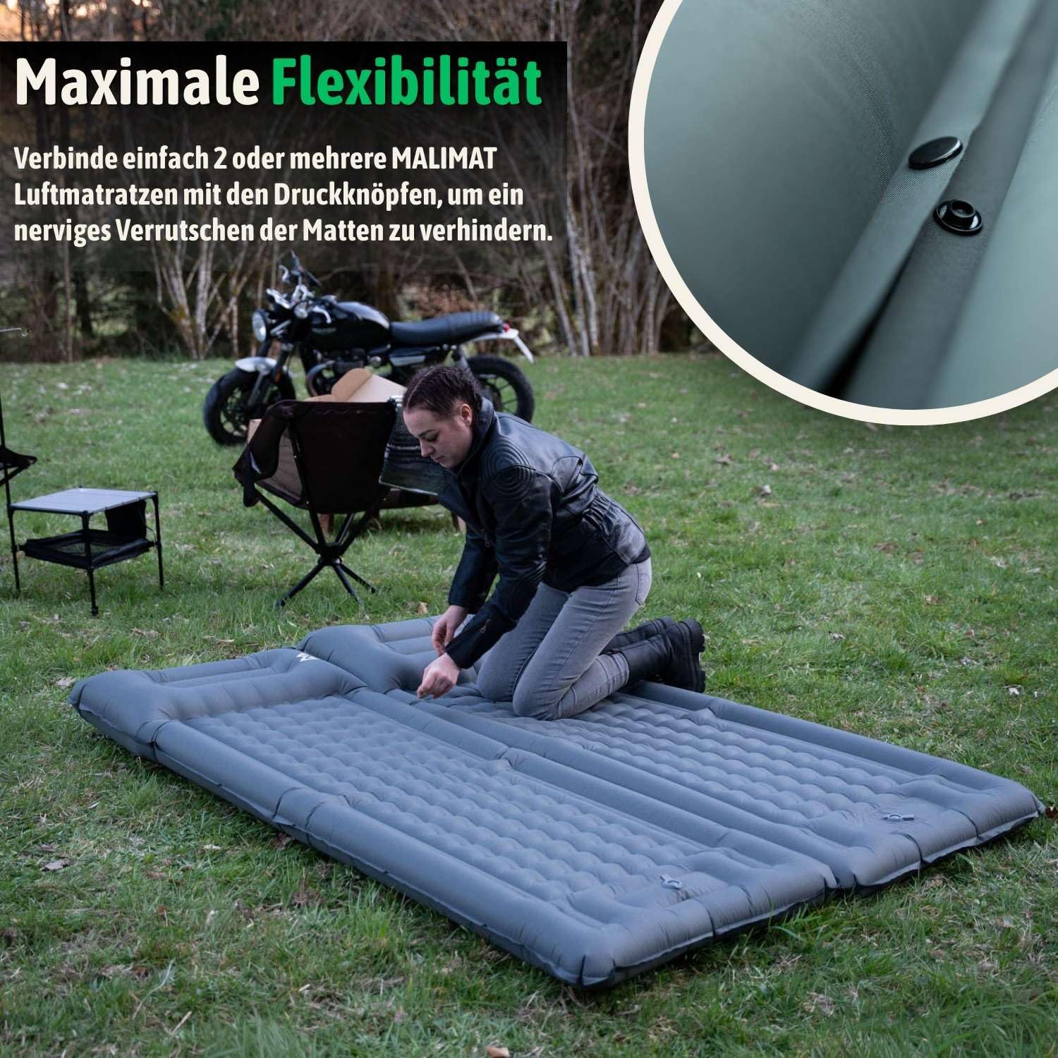 MALIHINI Camping Isomatte selbstaufblasend | Fußpumpe & Kissen | 10 cm dick | Aufblasbar ultraleicht Luftmatratze Schlafmatte Campingmatte Isoliermatte Trekking Outdoor Motorrad Bikepacking koppelbar