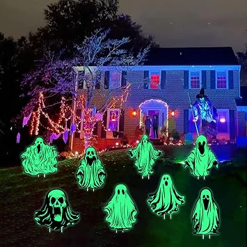 Feir 8pcs Glow in The Dark Halloween Scary Ghost Yard Signs with Stakes for Outdoor
