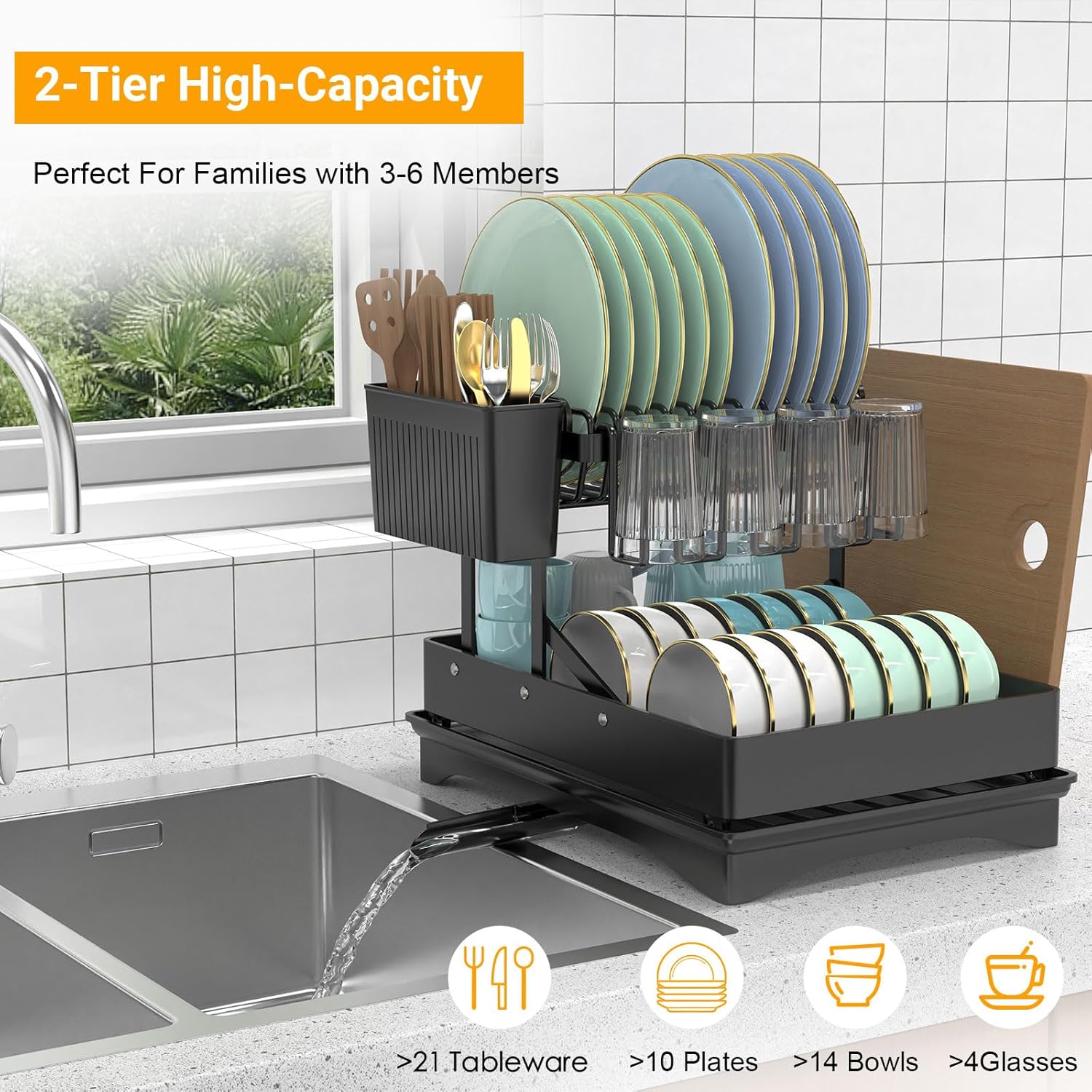 Large Dish Drying Rack 2 Tier for Kitchen Counter, Anti-Rust Metal Dish Rack with Lock & Lift System & Retractable Auto-Drain Spout, Escurridor de Platos with Cutting Board Holder, Black
