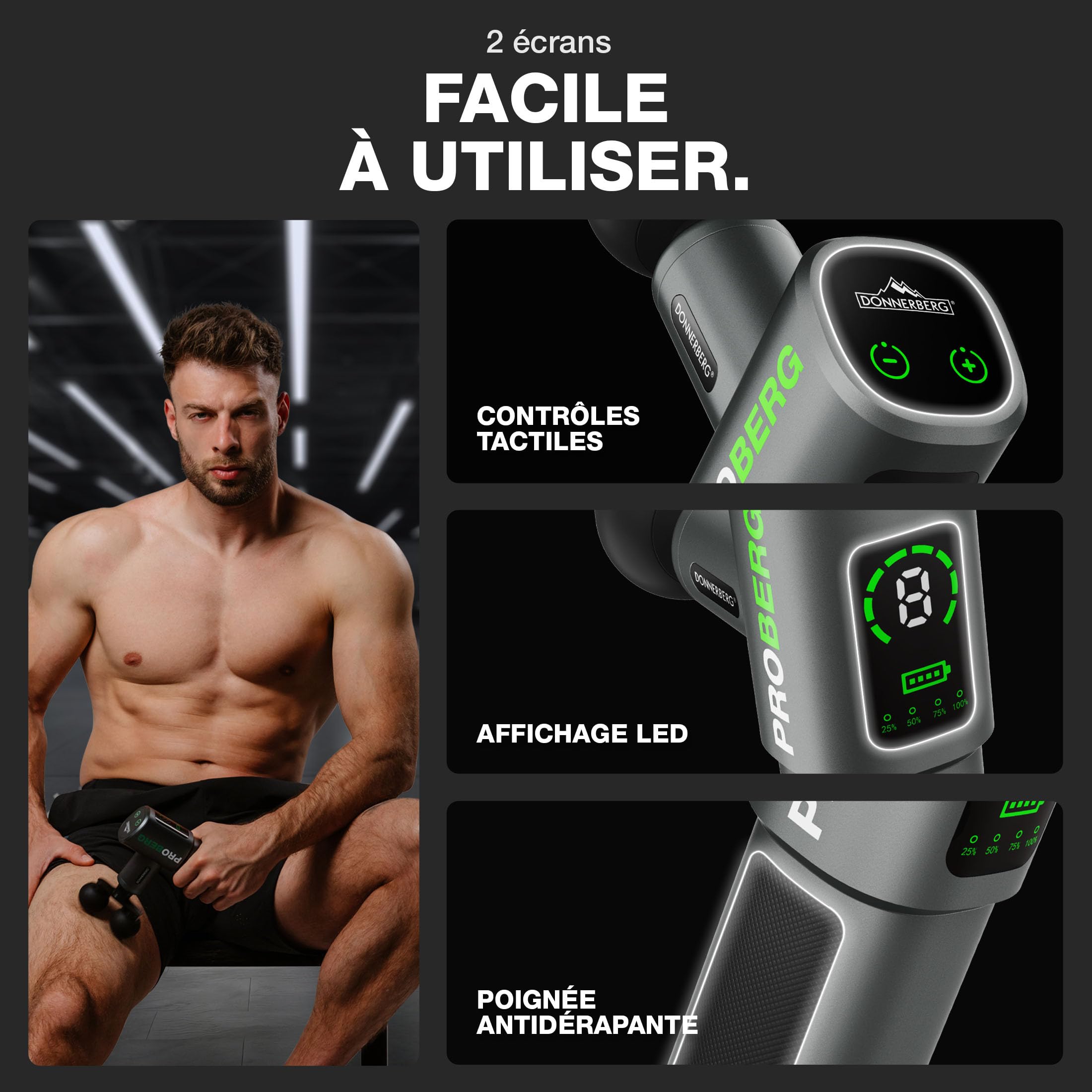 DONNERBERG® Proberg Pistolet De Massage Professionnel À Percussion | Massage Profond, Amplitude 12 mm, Force De 24 kg, Batterie Samsung 3500 mAh, 7 Têtes En Silicone, Garantie Moteur 7 Ans