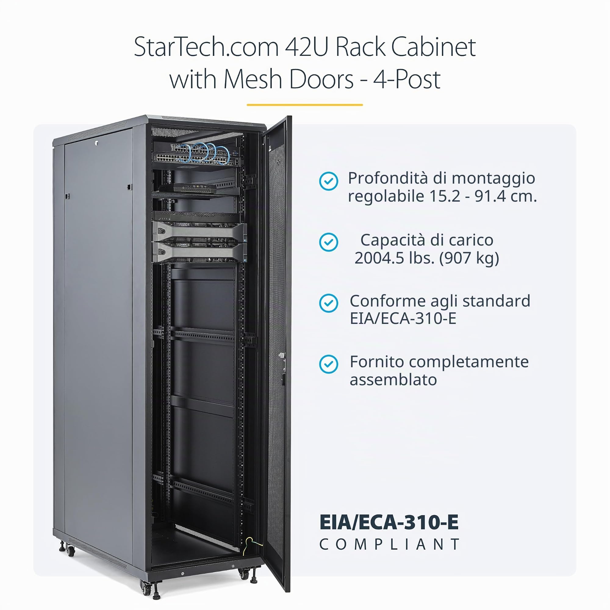 StarTech. com 4-Post 42U Server Rack Cabinet, 19 "Armadio rack dati per il montaggio di apparecchiature IT, Stoccaggio armadio di rete full size, navi completamente assemblate