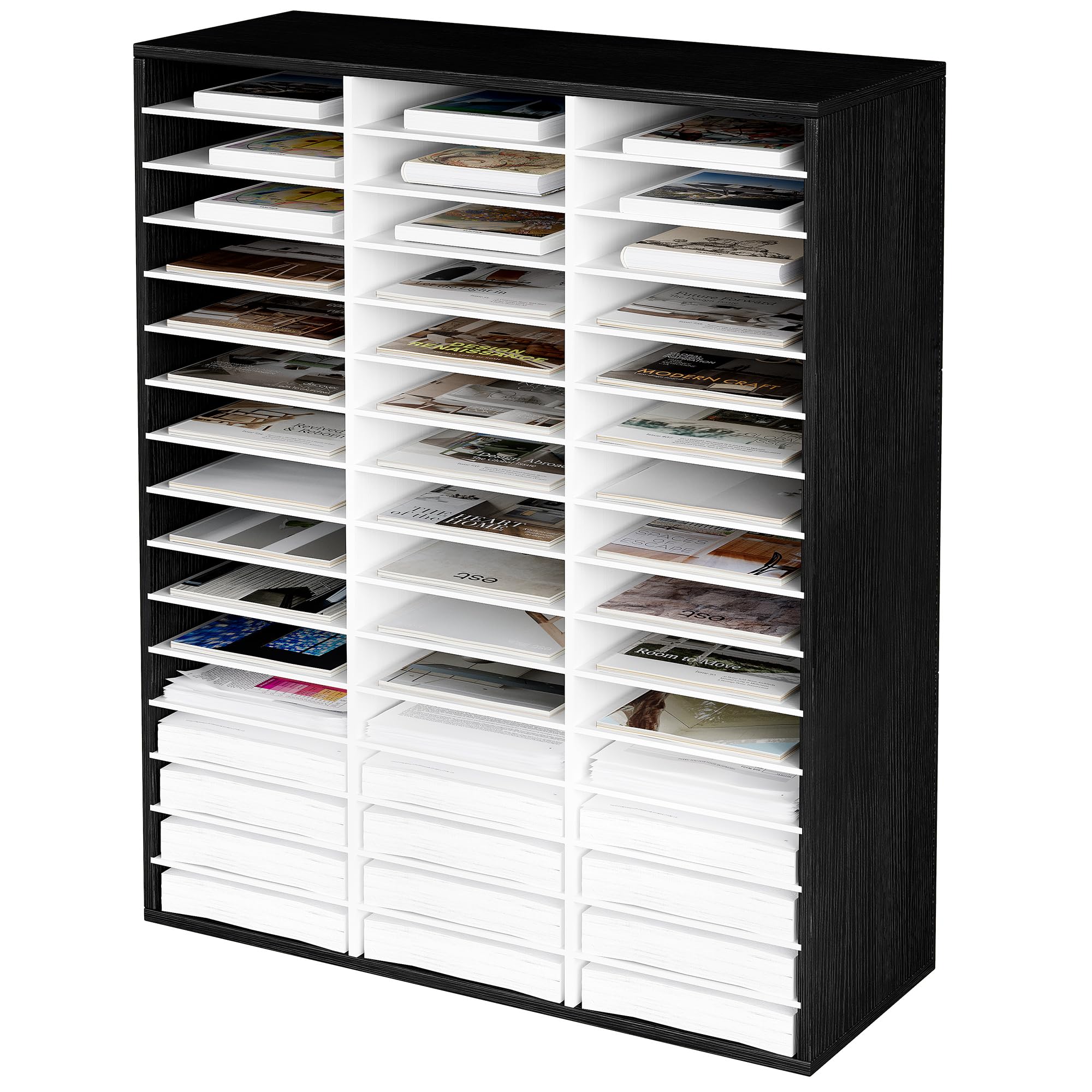 EasyPAG Organizzatori di letteratura da ufficio con 48 scomparti con ripiani regolabili, in legno, per ufficio, casa, aula, organizzazione postale, nero/bianco