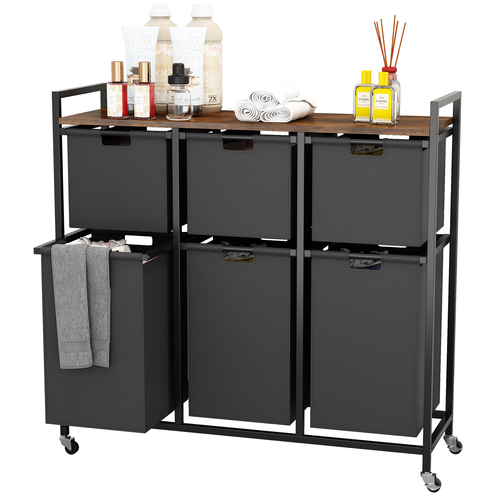 Laundry Basket with Wheels, Rolling Laundry Hamper Organizer with Large Desktop, Laundry Sorter with 6 Pull-Out and Removable Laundry Bags, Metal Frame, Rustic Brown and Black