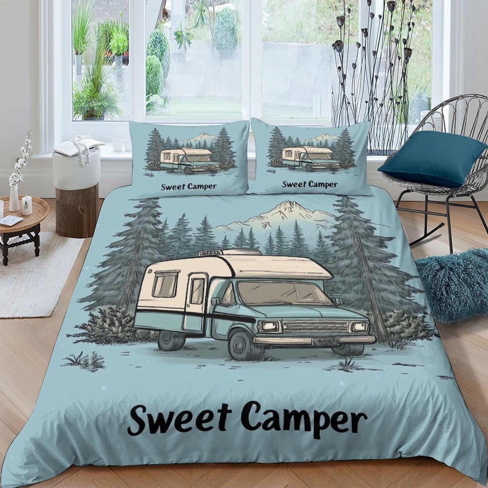 Ctjqhvkz Style-3 3D Printed Camper Forest Fitted Sheet Microfiber Soft Easy Care Retro Caravan Bed Cover For Bedroom Dorm Mattress Decor Single（135X200cm）